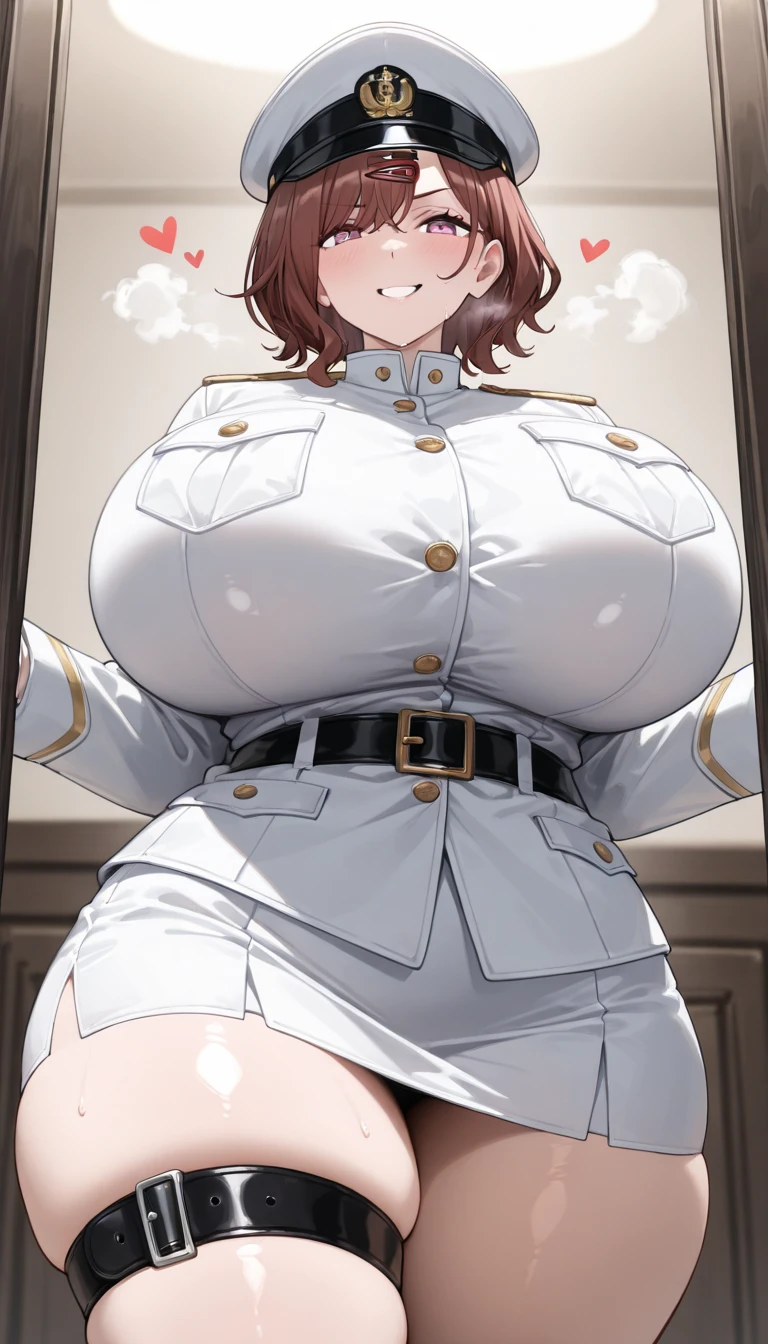 <lora:Hongryeon:0.7>, hongryeon, 1girl, solo, mole under eye, mole, single hair bun, hair bun, bangs, swept bangs, red hair, purple eyes, curvy, mature female, hair ornament, hongoutfit, thighhighs, necktie, skirt, garter straps, gloves, black gloves, jewelry, miniskirt, jacket, earrings, belt, black thighhighs, uniform, red necktie, shirt, (black skirt:1.2), (black jacket:1.3), collared shirt, (grey shirt:1.2), (black panties:1.2), (see-through:1.5), cameltoe,
nsfw, (masterpiece:1.2), (extreme detailed background:1.3), best quality, high quality, highres, 8k, (photorealistic:1.2), (gigantic breasts:1.2), abs, muscular, thick thighs, wide hips, (narrow waist:1.3), detailed sweaty skin, detailed beautiful face, detailed sweaty clothes, gaping, ultra detailed pussy, (covered nipples:1.2), (clothes lift:1.05), little smile, embarrassed,
indoors, (science fiction:1.8), (gloomy room:1.4), (in dark warehouse:1.5), standing, (legs apart:1.1), looking at viewer, (from below:0.8),