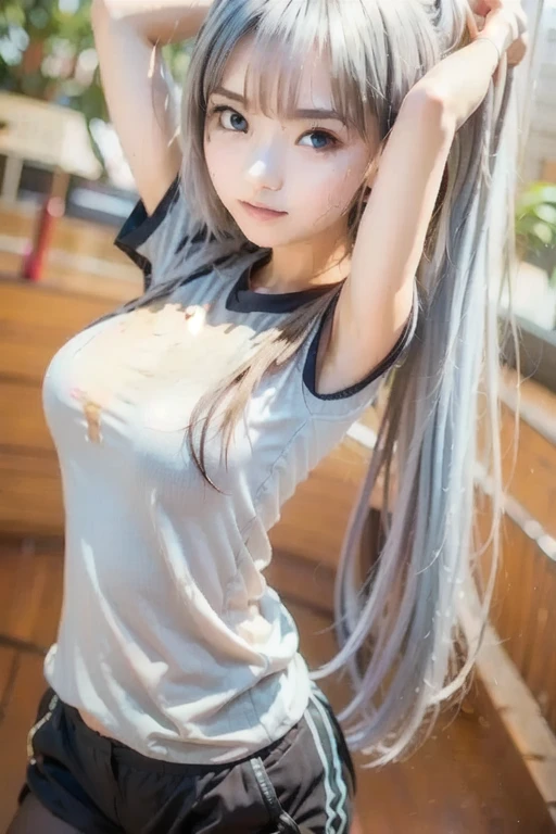 a beauty girl、Wear a school swimsuit under a short blazer、School swimsuits are dark blue、Don't wear skirts、The Three Maidens、she is high school student、All Beautiful Girls、Everyone is cute、view front、The uniform has a naughty shape.、Focus on the crotch、Colossal tits、Anime Big、((erectile nipple))、Tempting、Smiling、she is always attractive、((Cute girl with twin tails))、silber hair、long eyeslashes、full body Esbian、masutepiece、A detailed、masutepiece、portlate、Raw photo、top-quality、masterpiece、超A high resolution、(Photorealsitic:1.4)、octan render、8K picture quality、ultrasharp、Details of complex ornaments、Extreme Detail