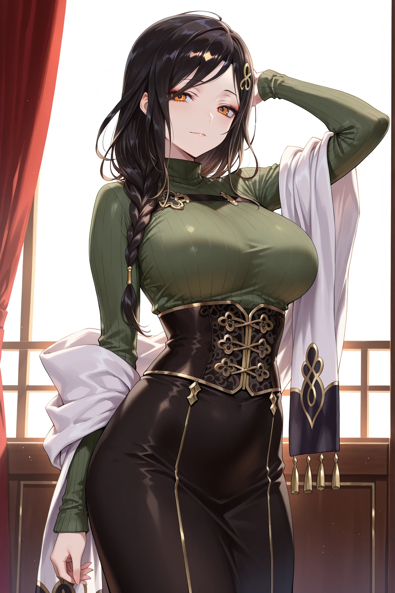 <lora:EmeraldHeraldV1:0.8>, EmeraldHerald, 1girl, solo, breasts, brown_hair, large_breasts, gloves, hair_over_one_eye, cleavage, long_hair, brown eyes