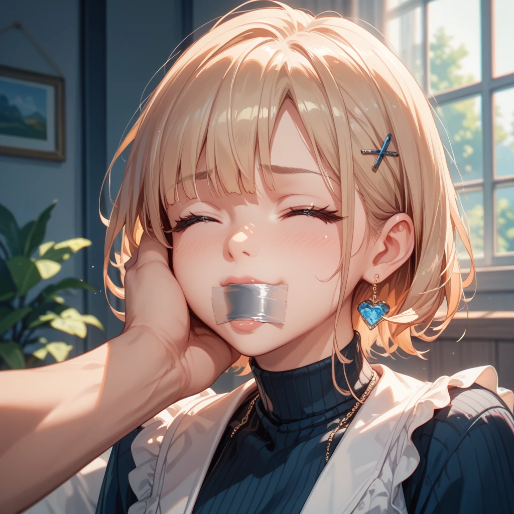 nsfw,(Petite),(A cute boy),blonde low twintails,lips,(Voyeur),Sweat,White Breath,(((White liquid in the mouth))),Open your mouth,bed