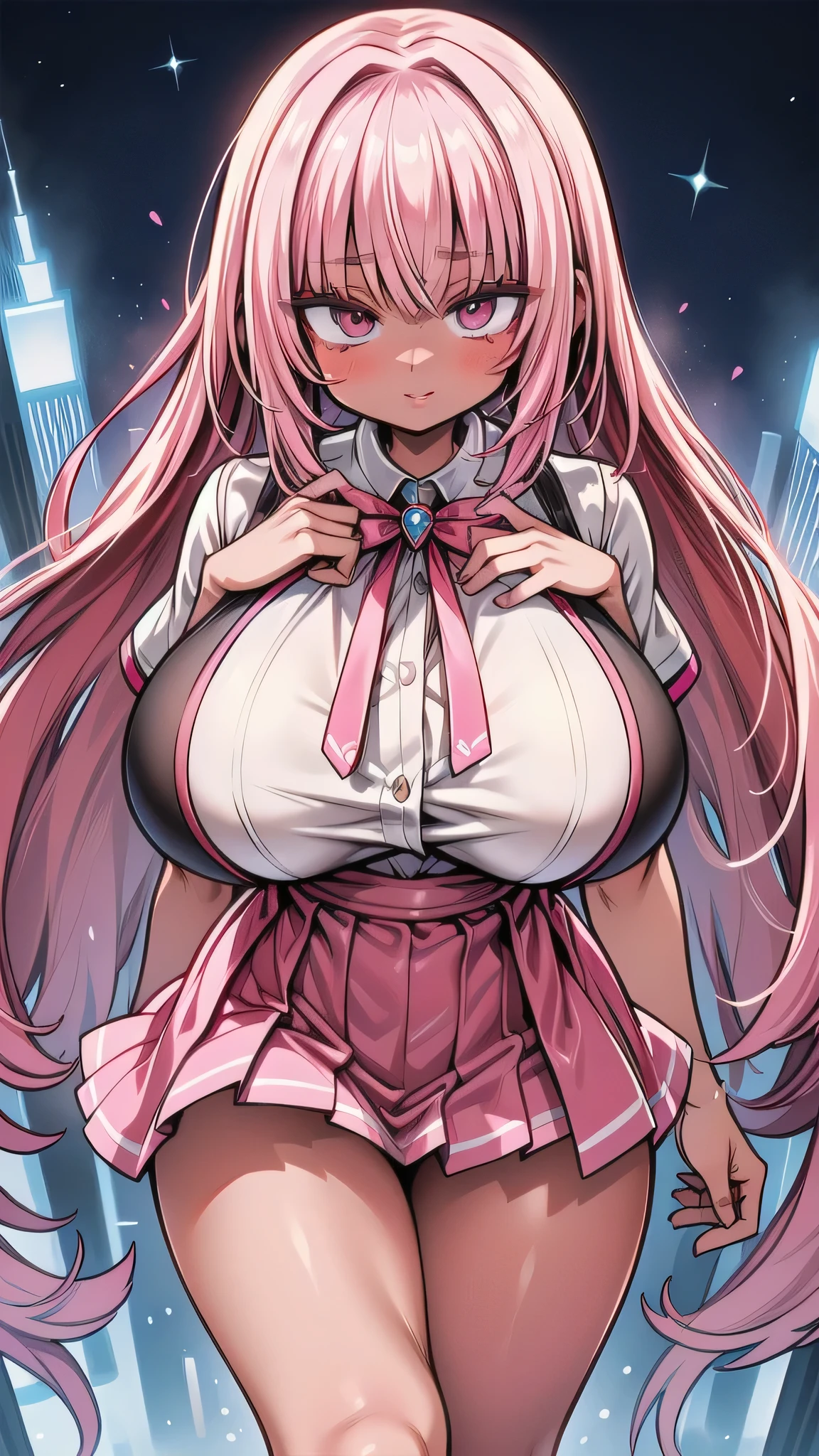 ((top quality)), ((masterpiece)), (huge sagging breasts:1.38),thick legs,Patterned clothing.Magical Girl,pink hair.(dark skin:1.25). magic wand. cowboy shot. in the city,