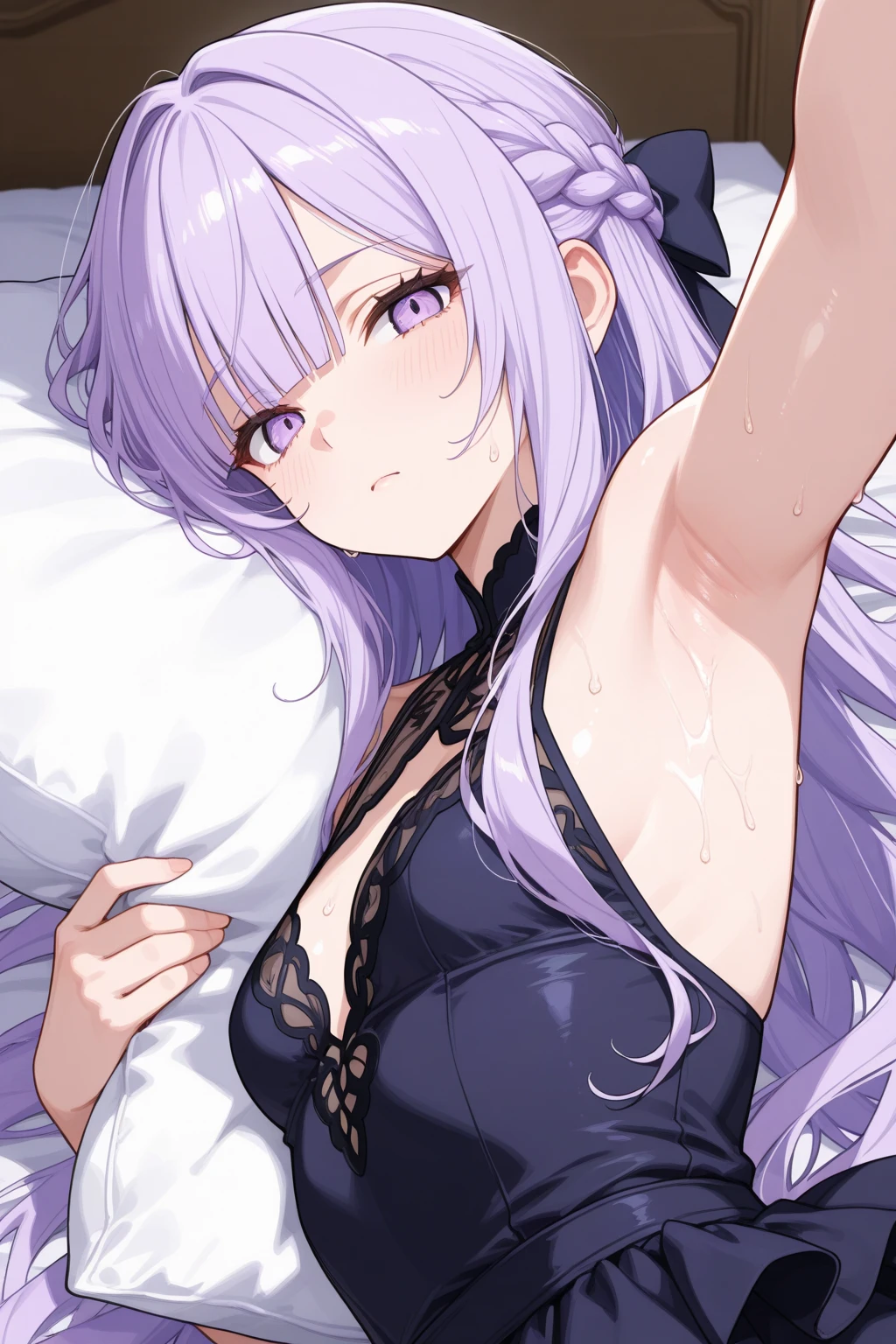 Adult Anime Girl 2d Long Hair Loose light Purple-Grayish, Age Adulthood adult, White Scleriotica, sitting on bed, angry, in bikini