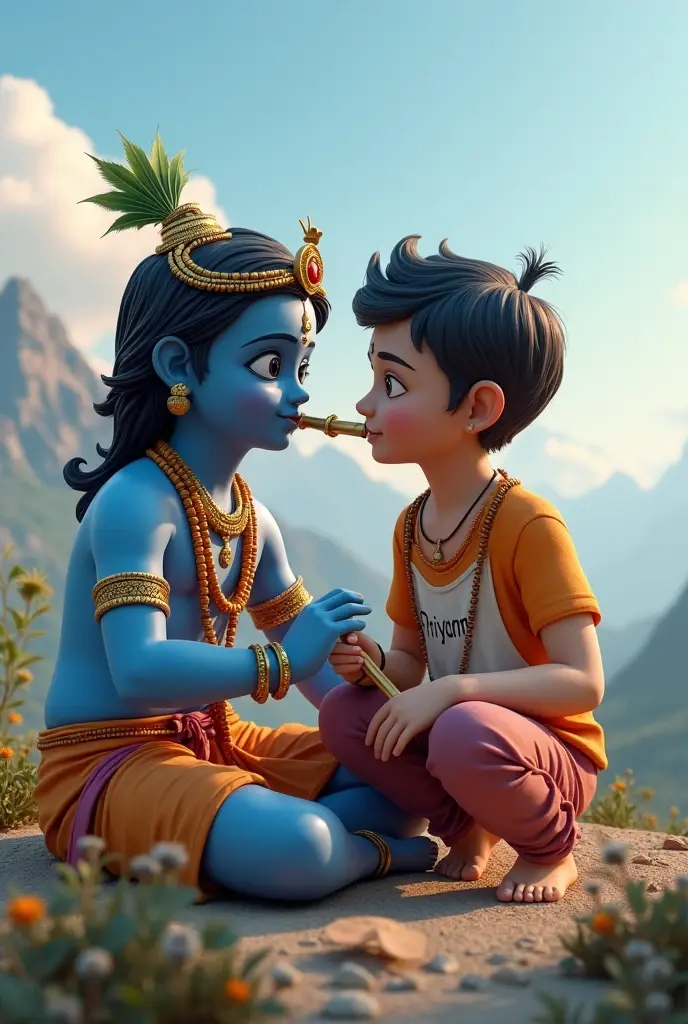 create a 3d image of 18year old Indian devotional boy who is sitting next to krishna ji and Krishna ji playing the flute, they both sit together on the mountain,boy wearing T-shirt Name "Priyam" written on it, heaven like beautiful view background, peacock dancing,realistic image and boy is in barefoot.
