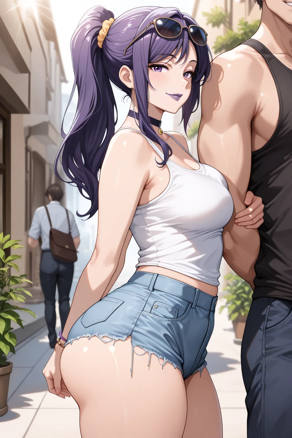 score_9, score_8_up, score_7_up, rating_explicit, masterpiece, best quality,high quality,highres,very aesthetic, absurdres, high detailed,optimal lightning,4k,8k wallpaper, source_anime, uncensored,official art, official style, megami magazine,BREAK,1girl,Revy, long hair, brown hair, brown eyes, ponytail,black crop top, fingerless gloves, short shorts, denim shorts,blue shorts,unamused,confused,disappointed,embarrassed,waist hug by side,handjob,breast press,BREAK,1boy,faceless male,standing,BREAK,alley,