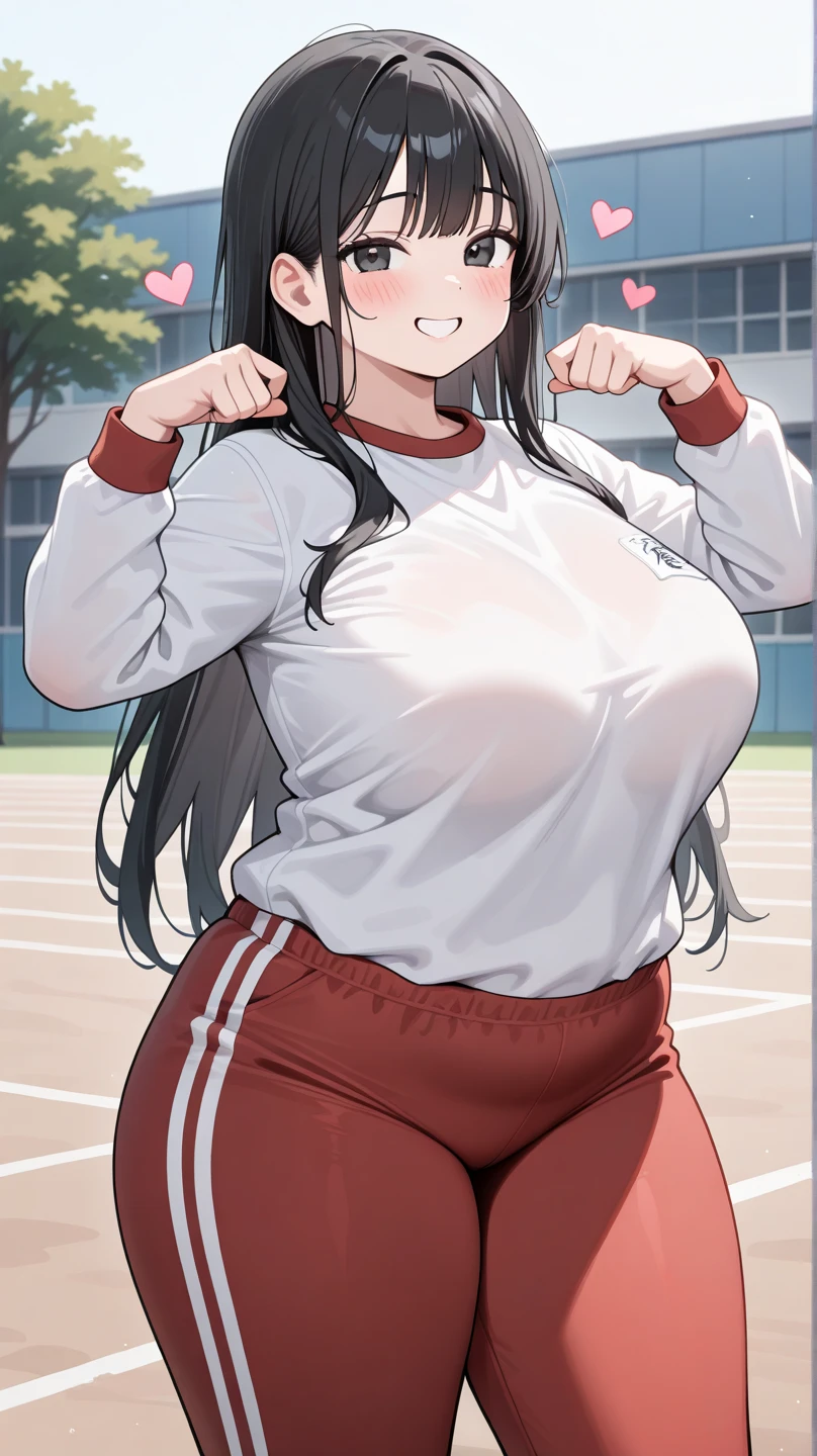 ((Masterpiece)), perfect anatomy, perfect shading, field of depth, (best quality), extremely delicate and beautiful, perfect lighting, detailed face, ultra cute face, cute, (cowboy shot 1.2) , looking at viewer, full body, (((1girl))), (((solo))), cheerleader
long hair, fluffy hair, brown hair, ponytail, green eyes, ((blush)), worried, (cheerleader uniform), (white tank top 1.2), (short section red skirt 1.2), thigh highs, chocker, extremely tight clothes, large breasts, cleavage, perky breasts, (wide hips), (thick thighs), chubby, fat folds, belly hang,
School gym, intricate background, detailed background, sweaty,