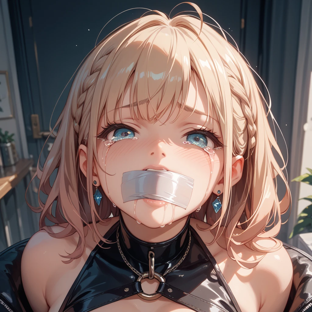 NSFW, 1woman, grown adult, ((25 years old)), (((HD, UHD, HDR, Best Quality, Highly Detailed, 16K))), underground jail, dungeon cell, tall body, slim body, body, navy hair, long wavy hair, (bright white skin), beautiful eyes, blue pupils, sexy lips, beautiful face, pretty face, crying, (((ahegao))), drooling, blushing, whole body, slightly small breasts, shy, bondage, slave, torn clothes, kneeling, handcuffed, chains, collar