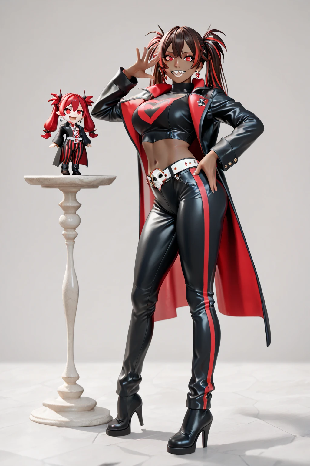 Takara2,black hair, makeup, red eyes,cropped black jacket,bodysuit, choker,spikes, fingerless gloves, boots, looking at viewer, smiling, full body shot, standing, hands on hips, outside, field, trees, blue sky, high quality, masterpiece, <lora:Takara:.7>