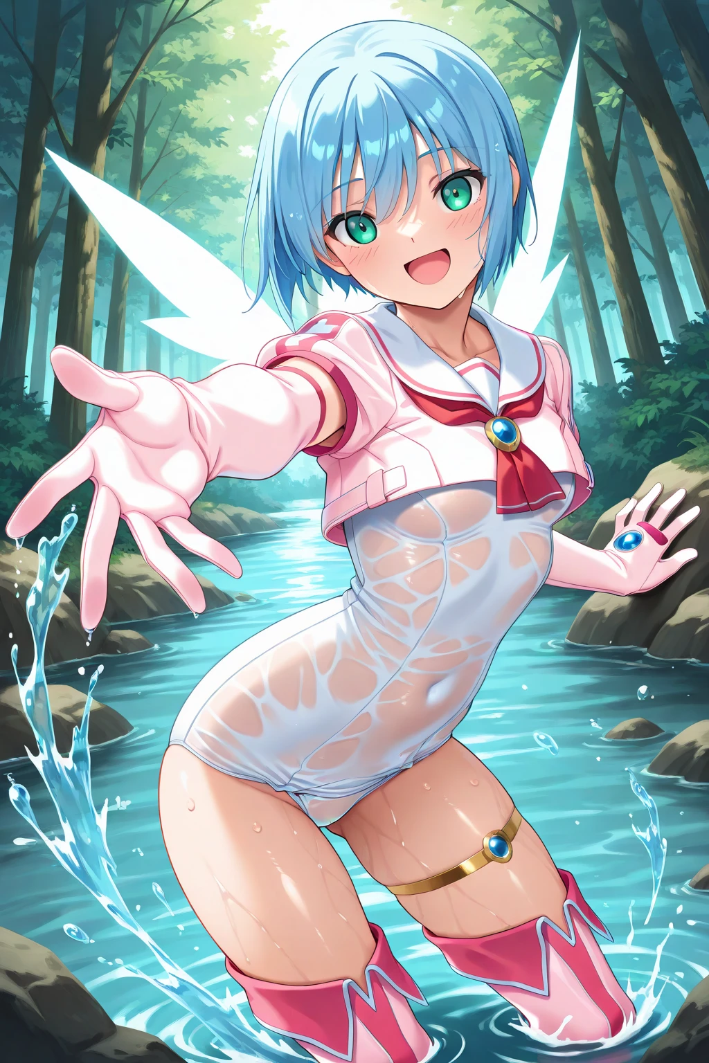 Cirno, little childish girl water playing, little children, (tiny chest:1.1),smile, exphosed chest and groin , no panties,Sunburn mark ,wet,dynamic water splash ,outdoor,blue sky,