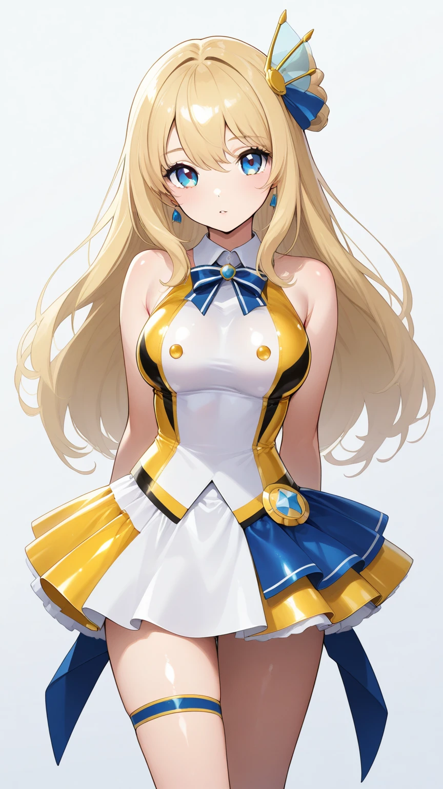1 anime girl, blonde straight hair, blue eyes, white skin, 18 year old, Cheerleader outfit, seductive gaze with a smile, thick thighs, C cup breasts, night background, absurdres, high res, ultrasharp, 8K, masterpiece, looking at viewer.