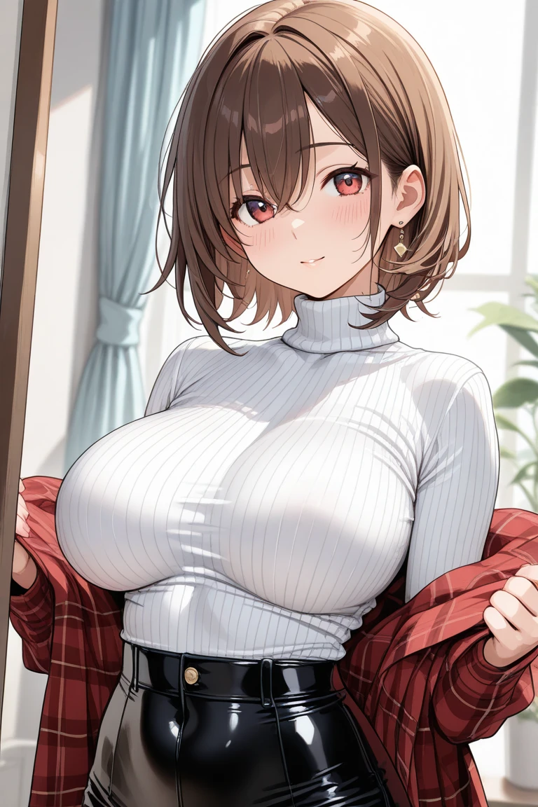 masterpiece、High resolution、High resolution、High resolution、1 female、Very close、((Depiction of only the upper body、Very large breasts))、((Brown Hair、short hair))、A kind smile、Laughing with your mouth open、Pink Lip Gloss、Wear a brown coat over a white turtleneck sweater