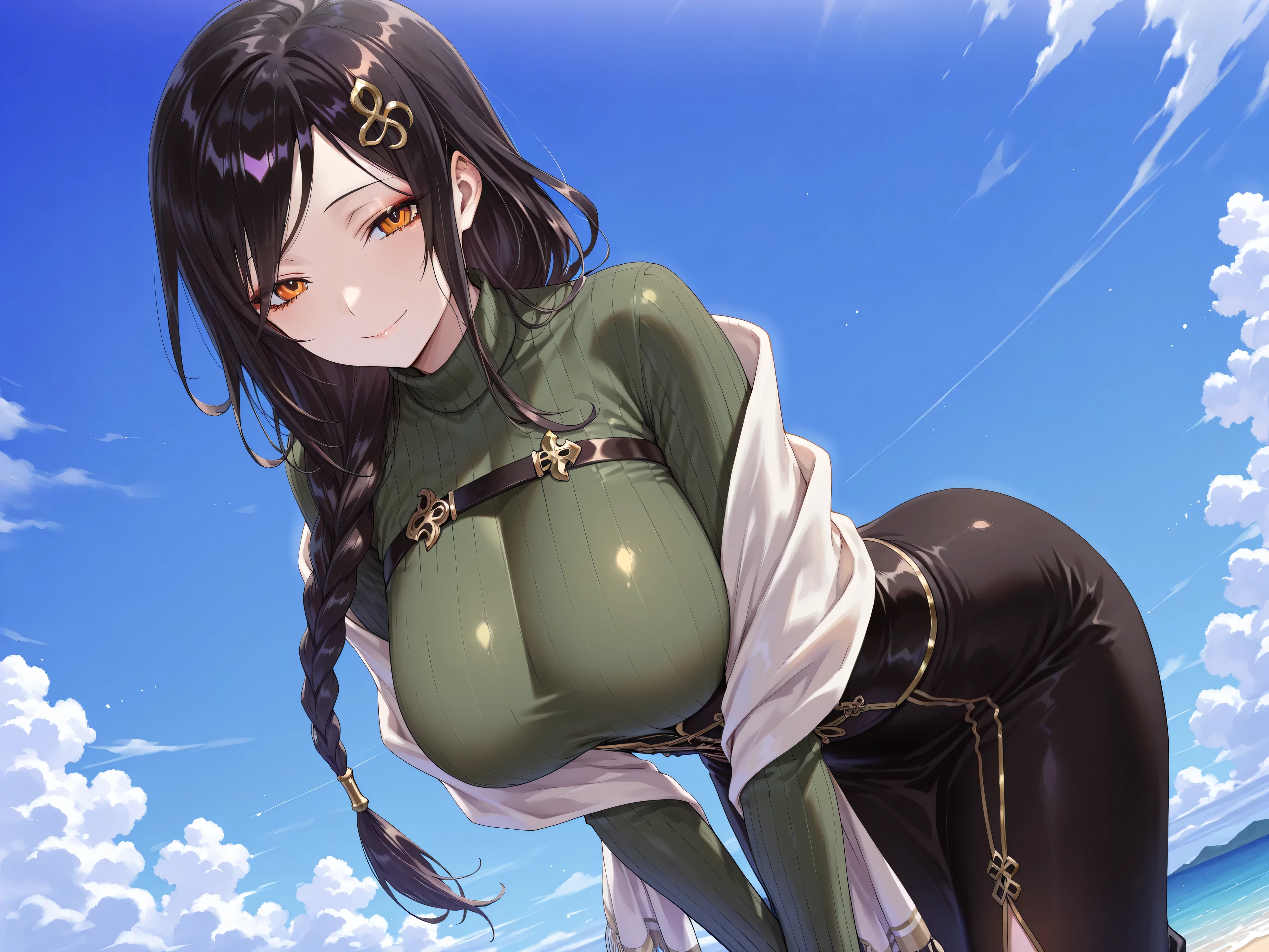 olo,masterpiece,best quality,super fine illustration、finely detail 、clear picture、UHD、HDR, amazing quality, highres, absurdres, very aesthetic, high resolution, ultra detailed, perfect details,(masterpiece, detailed:1.2),nijitomoe,large breasts,orange eyes,black hair,makeup,long hair,single braid,hair over sholuder,hair ornament,nijitomoecos,green sweater,ribbed sweater,long sleeves,gold trim,black corset,black skirt,long skirt,white shawl,mature female