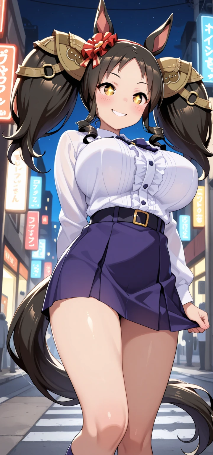 Bewitching anime big breasts woman in blue suit and tight skirt、Black tights,Inviting look、Buttoned shirt and brown hair,Ecchi anime style, bending forward,Kamimei,Red Light District at Night,neons