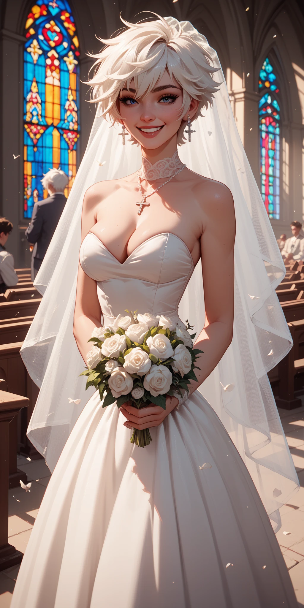 (((Pixel perfect, Perfect details))), alone, 1 girl, yuigahama yui, Close-up of beautiful bride wearing beautiful wedding dress,Gurwitz, looking at viewer,(bridal veil:1.5),(transparent short veil:1.5),makeup,pink blush,dark blue eye shadow,Blushing face,double-headed flower,headgear,(Bouquet:1.2),(tube top wedding dress:1.5),(Silk dress:1.2),(Strapless wedding dress:1.5),pure white dress,necklace,earrings,(large breasts:1.5),Deep V peach heart collar wedding dress,Bangs,pink lipstick,(White long elbow gloves:1.4),whole body照,High detail RAW color art,White long skirt,whole body,(china street:1.3),1girl,18 years old, (long twintails:1.5),(double bun hair:1.5), BrunetteMore1,
(((looking at Mirror,Mirror))),reflection,double person,from behind,Hengxin,Hengxin pose,spark,