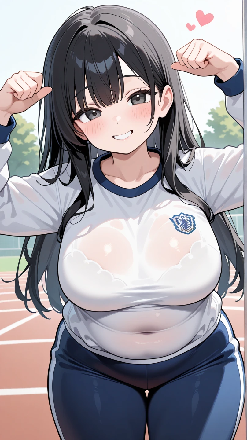 score_9, score_8_up, score_7_up, source_anime, (Tifa Lockhart), very tight gym uniform, very tight sleeveless white shirt, undersized micro blue buruma, wedgie, Wetting Self, pee, milk stain, indoors, classroom, standing, hands on hip, smile, open mouth, looking at viewer, cowboy shot, tarechichi, huge sagging breast, long erect nipples, dirty dark large areola, Underarm sweat, black underarm hair damp with sweat, natural (black) curly armpit hair, skinny, slender legs, Yellow fog, smell, Unshaven Pubic Hair, (short stack:0.5)