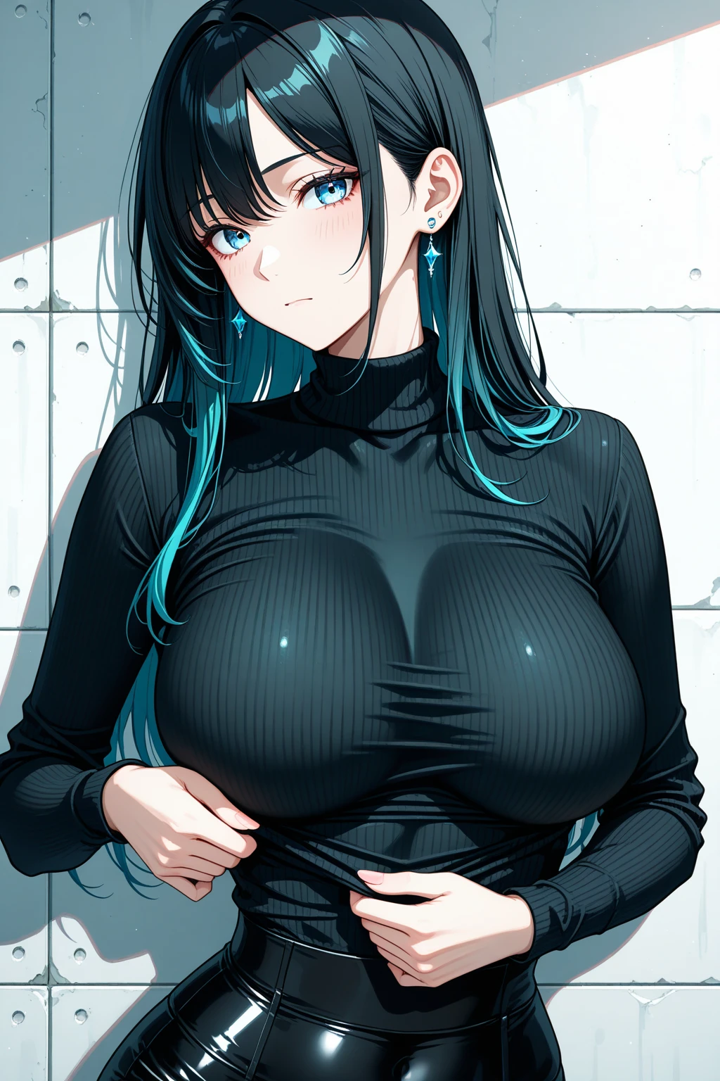 1 girl, parted lips, blush, make up, drlight smile, Bblack hair,breasts big, Eyes red, top cut, short school skirt, lightrays, sheen, muslos grandes, clavicle, narrow waisted, (work of art), wall-paper,