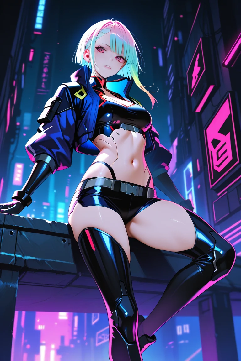 ((Highest quality)), ((masterpiece)), (detailed:1.4), (((Translucent with mechanical parts and transparent skin++Rainbow aurora material++、++Grey carbon material++The beauty of cyberpunk))), ((Wide open chest)), Hip and thigh skin, Ticker (High Dynamic Range), Ray Tracing, NVIDIA, Super Resolution, Subsurface Scattering PBR Texturing, Post-processing, Anisotropic Filtering, Written boundary depth, Surface Shading, Accurate simulation of light/Material interactions, Perfect Proportions, Two-tone lighting, wide aperture, Low ISO, White balance, 8k, Browsing Caution, (((Tall Woman))), 25-year-old woman, Bright LED, Knee-length, bulge, Open Stance, Hip and thigh skin, Beautiful body, You can see your belly button through your bare skin, Large Breasts, ((Cyber hood with dull glowing LEDs)), (Large Breasts: 1.0) , Dazzling cyberpunk cityscapes, Skyscraper, Neon Signs, LED Light, Bright and vivid color scheme, Bright and vivid color scheme, Surprised expression, Blunt bangs, (((+++Beautiful bright iridescent hair+++ Straight Medium Ponytail))), Anatomically correct arms and fingers, seed: 256 :1>,Browsing Caution,Protruding nipples