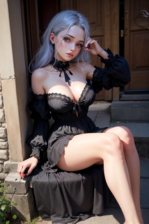 (Extremely detailed+Ultra-realistic), Sorceress, Tarot Cards, angle from above the knee, slender body, cleavage is visible, beautiful white and transparent skin, white hair, (((black silk dress))).