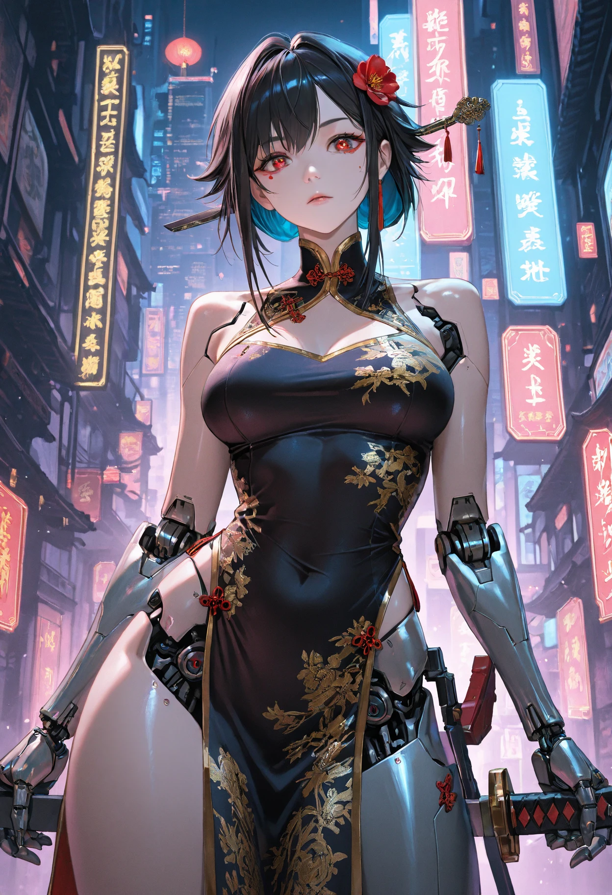 top quality, future world, State-of-the-art robot, Beautiful Woman, flying hair, Transformed into a cyborg except for the face,  Transformed into a cyborg except for the shoulder, sexy images, whole body photo, (((transform to cheongsam)))