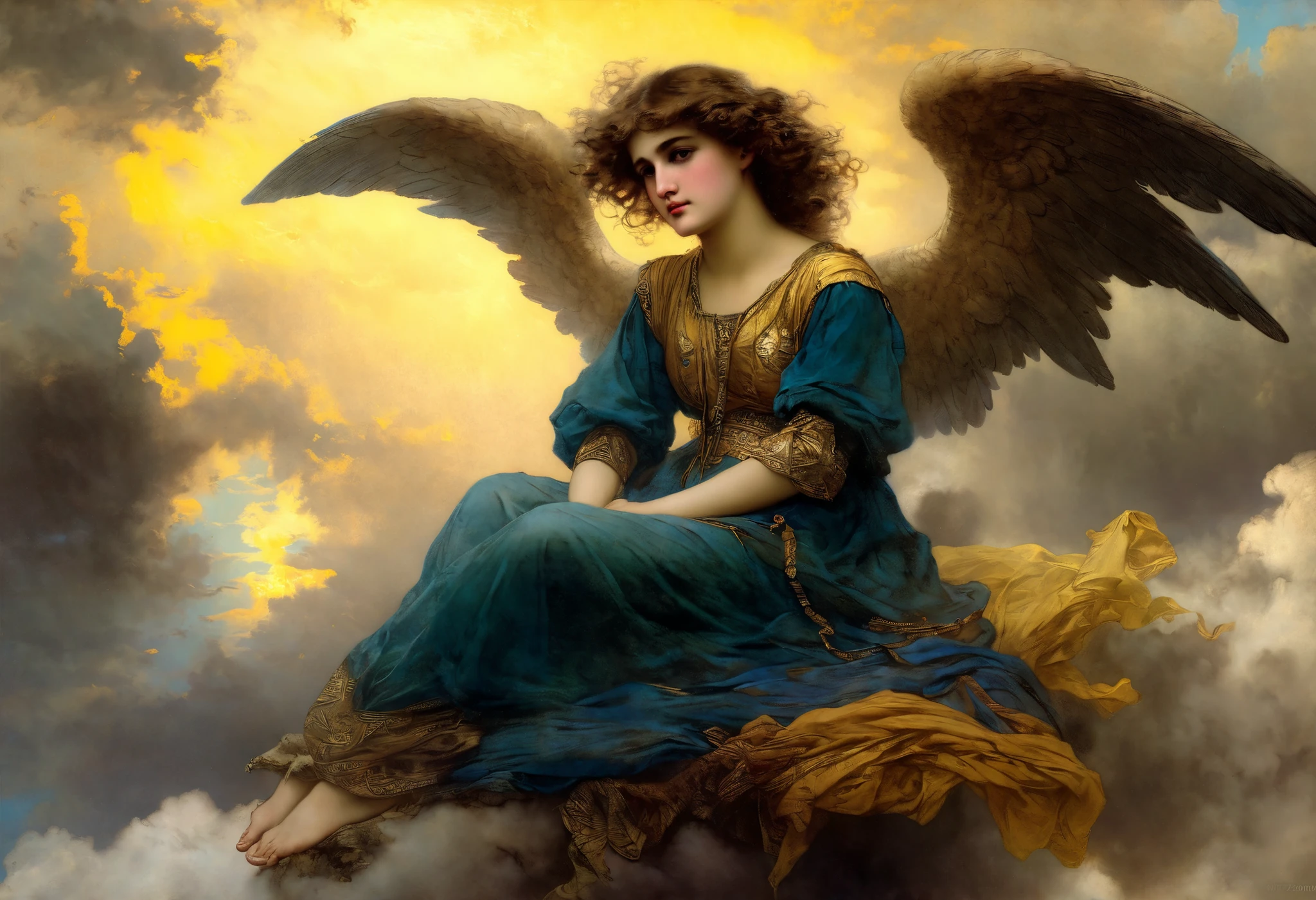 ((dark renaissance)) ((girl angel sadness)), One, ((, sitting on a cloud)), nimbus, Dark Clouds , , , half-turned gaze at the viewer , bowed head, tunic, curly brown hair, ((style of Hans Zatzka)), dark renaissance, gradient of aged yellowed canvas, ((better quality, masterpiece )), (more correct, are highly detailed), impressionism:1.1 , 8 k
