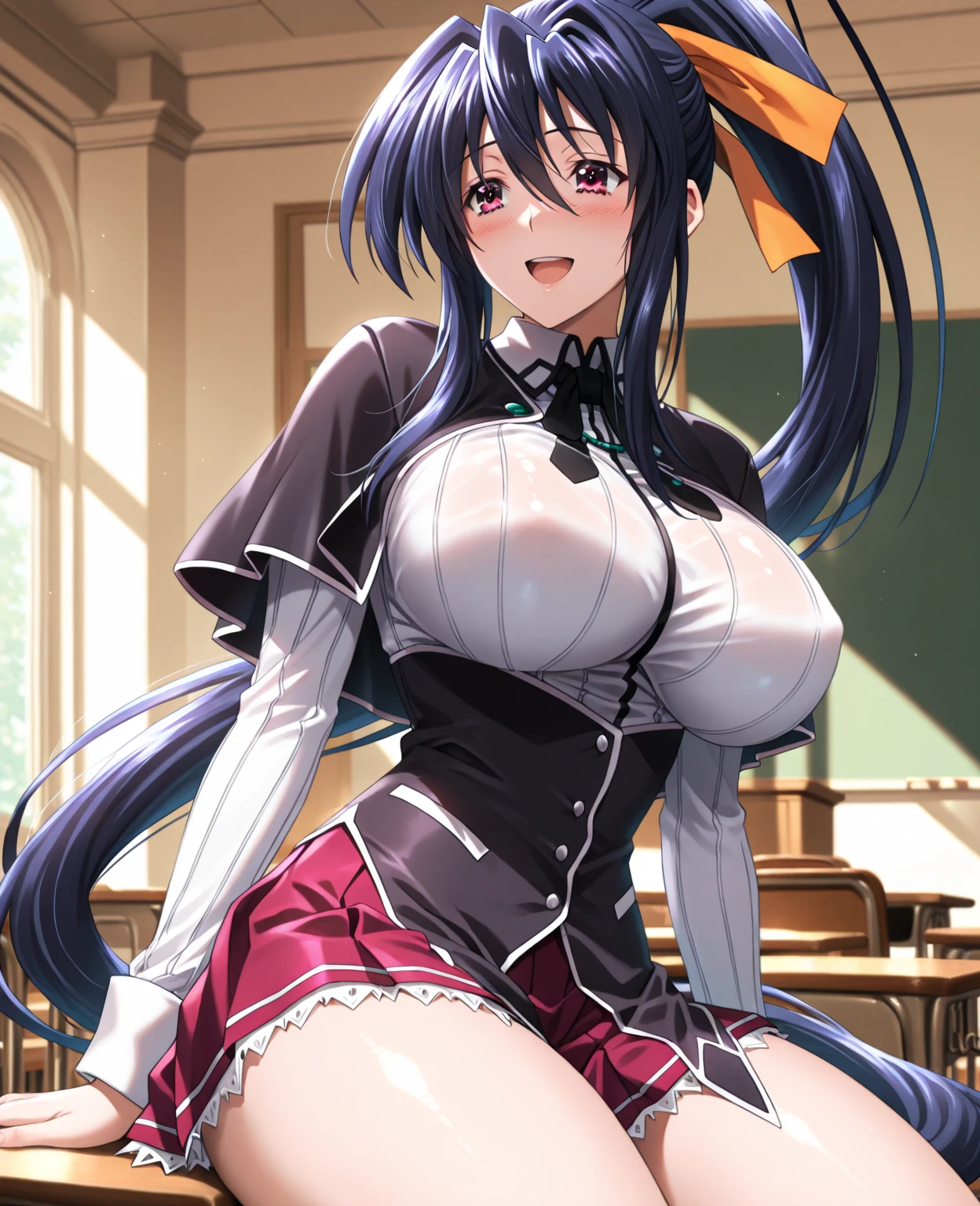 masterpiece, best quality, highres, 1girl kaori saeki, but with exposed breasts, skin tight red skirt, black thigh high stockings, classroom, cowboy shot, horny, looking at viewer, focus solo