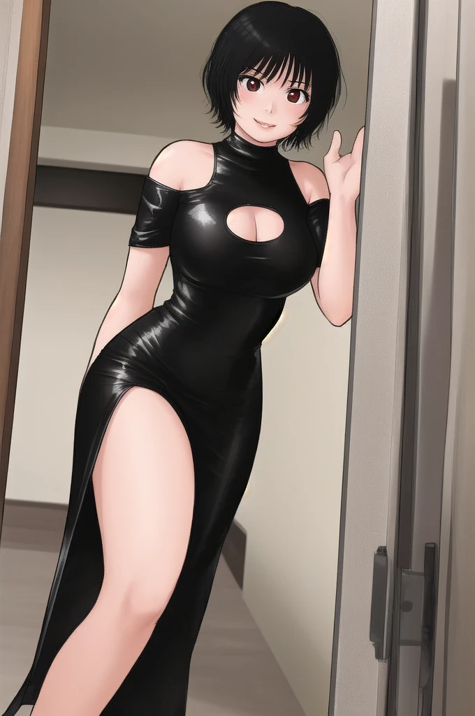 beautiful tall small breasted milf with asymmetric neck-length hair cut standing in the doorway, blocking the doorway, blocking exit, thick hair