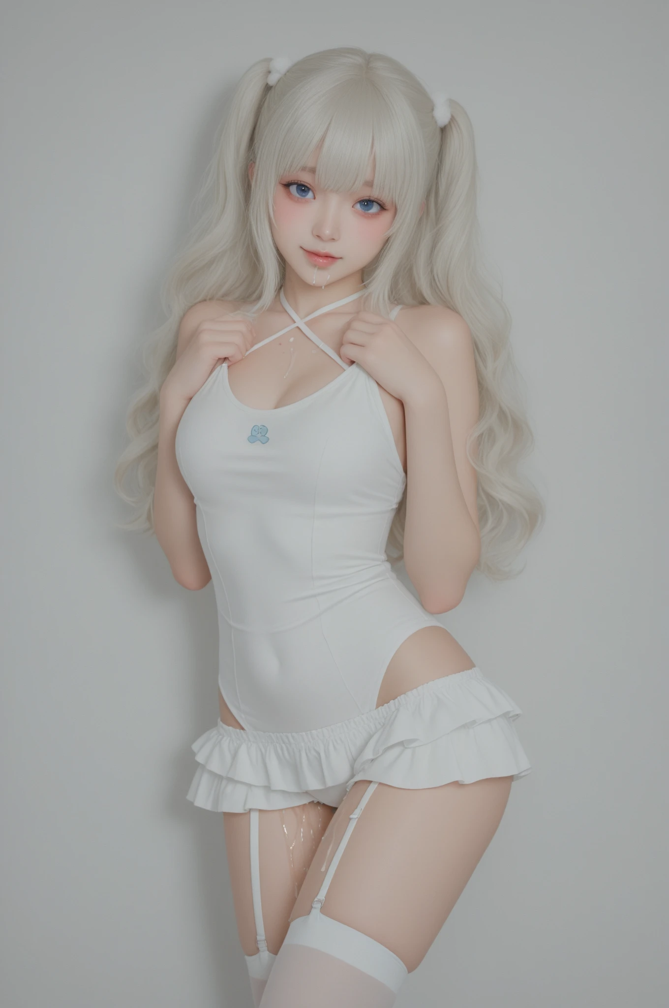 White tones,white colors,Sexy Girl ,from the rear,tiny body,Petite,whaite hair,White hair,White bed,transparent silk pajamas ,thick long hair,Empty space,Pure white space