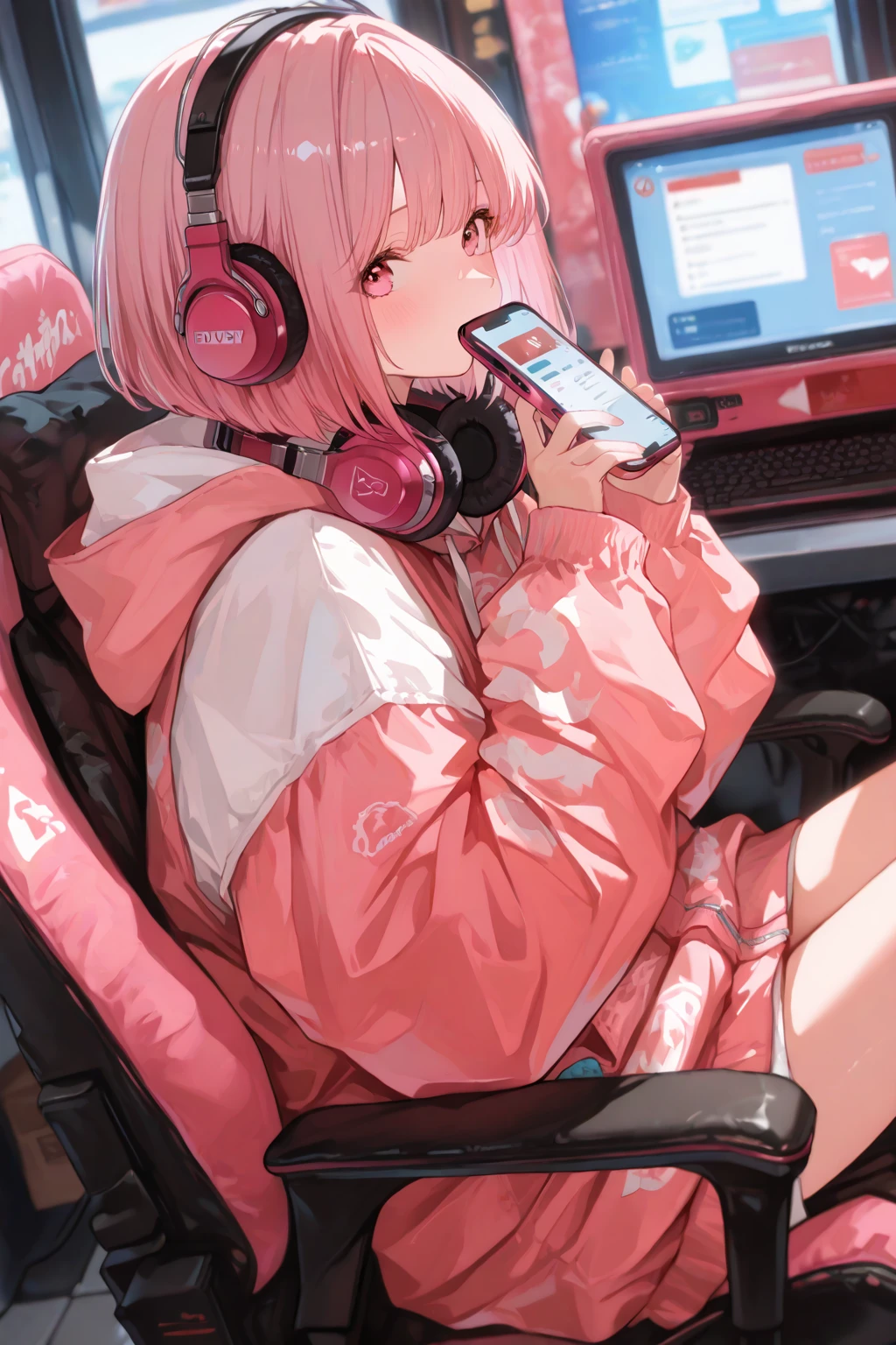 masterpiece,bright ,high quality,One girl,Sportswear,Yellow background,No shirt,Headlift,Air bubbles,Ultra Wide Angle,alone, light pink hair, Pony_tail,hair_Censor, just_feet, length_foot, (((Pink smartphone in hand))),watercolor_(Moderate),watercolor