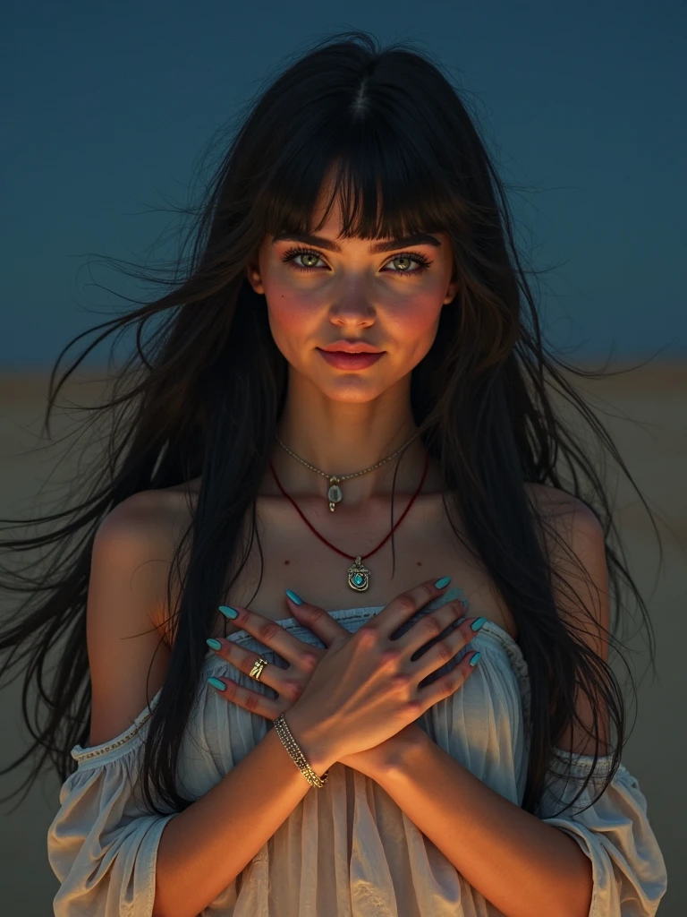 A girl with long blue hair. Her face is exquisite, with high cheekbones and smooth fair skin. Her large black eyes, framed by long thick eyelashes, are impressive and expressive, radiating calmness and confidence. Well-defined eyebrows curve gracefully above her eyes, adding intensity to her gaze. She has a small, straight nose and full, slightly parted lips that curve into a slight smile, revealing hints of mischief and allure. Her sharp, well-defined jawline gives her face a refined and elegant appearance. Pink halo, white robe dissolving into pink smoke, pink glow inside hood, pink ribbons spreading out from behind, flying in sky, sunset storm background
