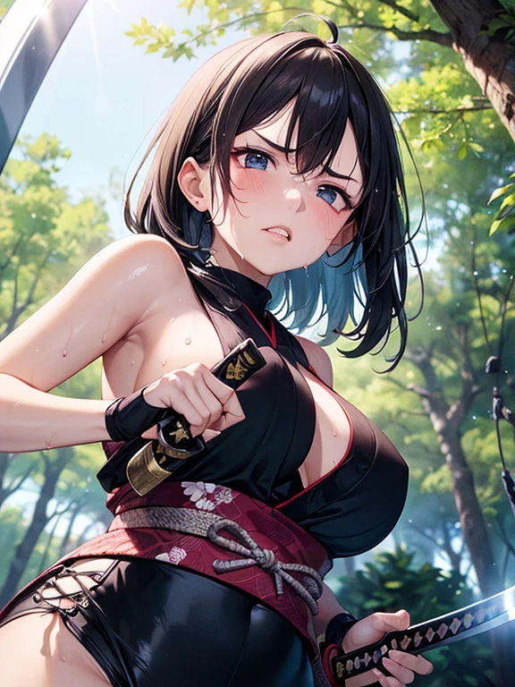 ultra-detailed,best quality,masterpiece,ultra-detailed,high resolution,extremely detailed CG,perfect anatomy,detailed,cinematic lighting,beautiful detailed eyes,ultra high res,1girl,(18 years old:1.4),gleaming skin,oil skin,sweat,humid,trembling,strong light coming in,spot lighting,bright,clothed,cowboy shot,Female Swordsman,(Torn Kimono:1.5),Covered in wounds,Torn clothing,(Female Samurai:1.3),(Holding a broken Japanese sword:1.5),(Night Grassland:1.6),(fear:1.8),(despair:1.8),defeat,ass pov,sit,spread legs,(from above:1.3),(Dirt-stained skin:1.5),(Dirt-stained clothes:1.5),looking at viewer,Black Hair,(loincloth:1.5),(Astonishment:1.8),(Subjective:1.4),(fear:1.5)
