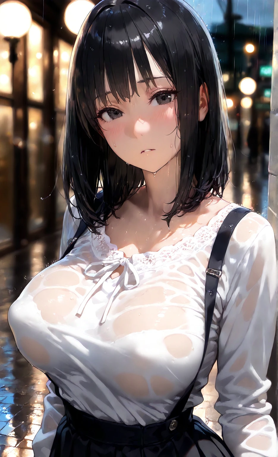 ((ultra-quality)), (After rape:1.3), (Bukkake:1.4), (in 8K), (arms behind back:1.5), ultla highres, Hyper Detailed, High contrast, Ultrafine Strike, creative refinement, absurdres, Realistic, extremely detailed CG unified 8k wallpaper, Highly detailed, High-definition raw color photos, professional photograpy, Realistic portrait, Cinematic Light, Beautiful detailed, 20 years old woman, (realistic skin:1.3), (shiny skin), (Best Quality:1.4), Super Detail, High quality, ​master piece, lifelike, (After SEX), Bukkake, Perfect face, Silly, (cum on chest:1.3), (Bukkake:1.3), (cum on body:1.3), (Sharp Focus), (upper body), (close up), (Wearing tight and Sheer wet Silk black shirt with wide open chest:1.3), (sleeveless:1.3), (nude upper body:1.3), Delicate Beautiful Hair and Eyes and Face, Delicate eyes, radiant eyes, Lifelike, Hyper-detailing, (colossal tits:1.8), (large breasts:1.8), (Beautiful breasts:1.5), ((exposed breast)), (arms behind back), Beautiful cute woman, camel-toe details, NSFW, slim body, wet clothes, wet body,