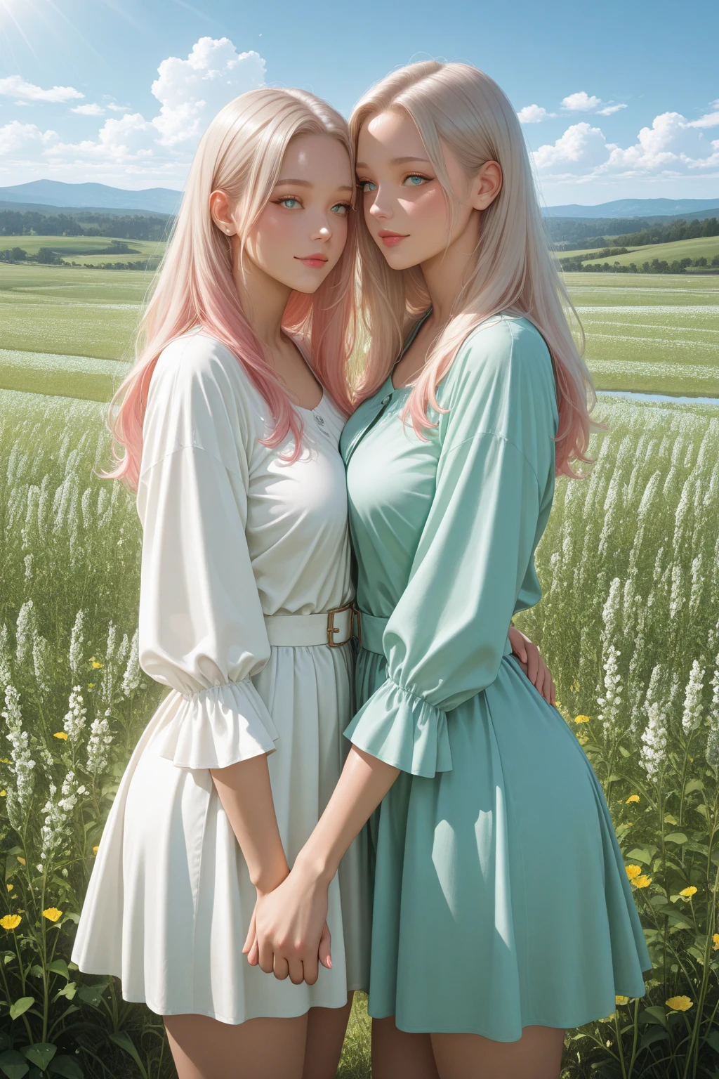 beautiful, adult, strawberry blonde, side part hairstyle, dark green eyes, flower crown, pink roses, dress, fantasy