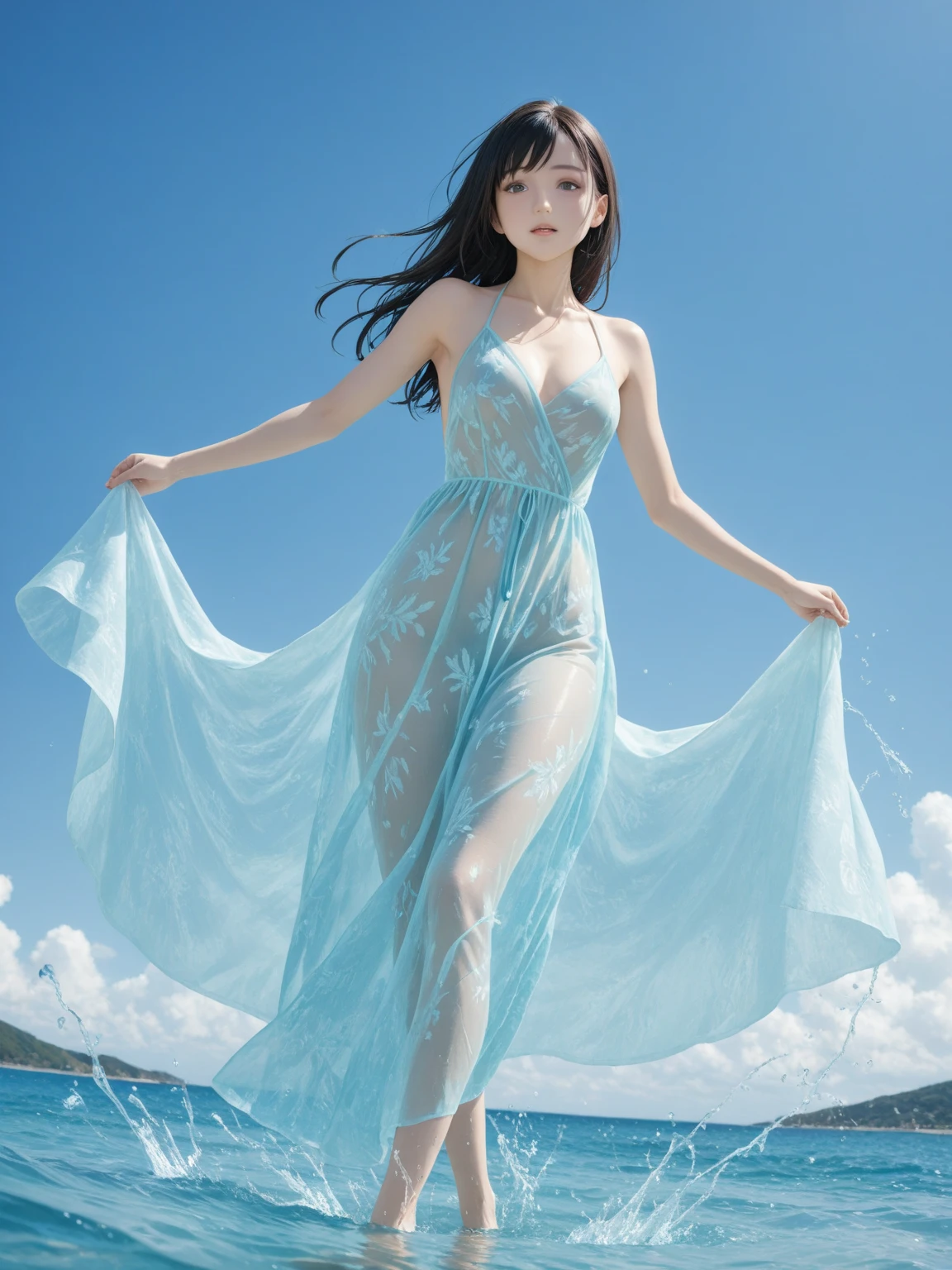 best quality,masterpiece,Ultra-high resolution,(Practical:1.4),original photo,Ultra-high resolution，8K，There are women，White skin，Exquisite makeup，Big Wave，Turquoise dress，High heel，Long legs，Bright and beautiful，Random Pause，