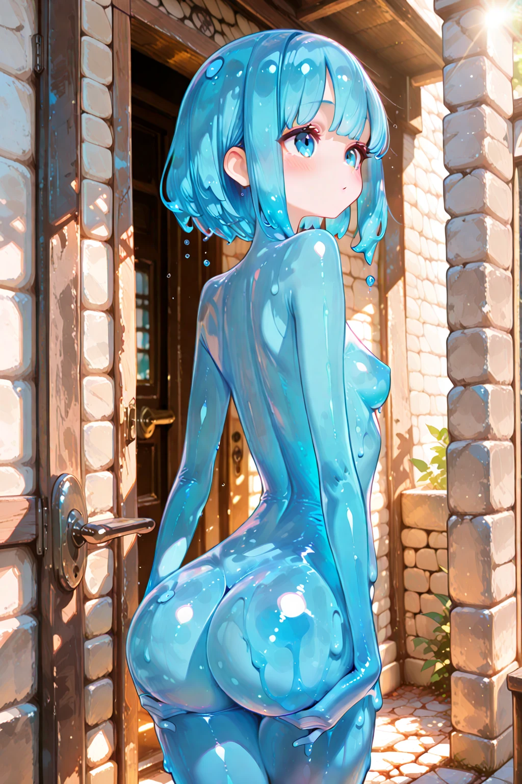 Masterpiese, best quality, girl, naked, blue slime,