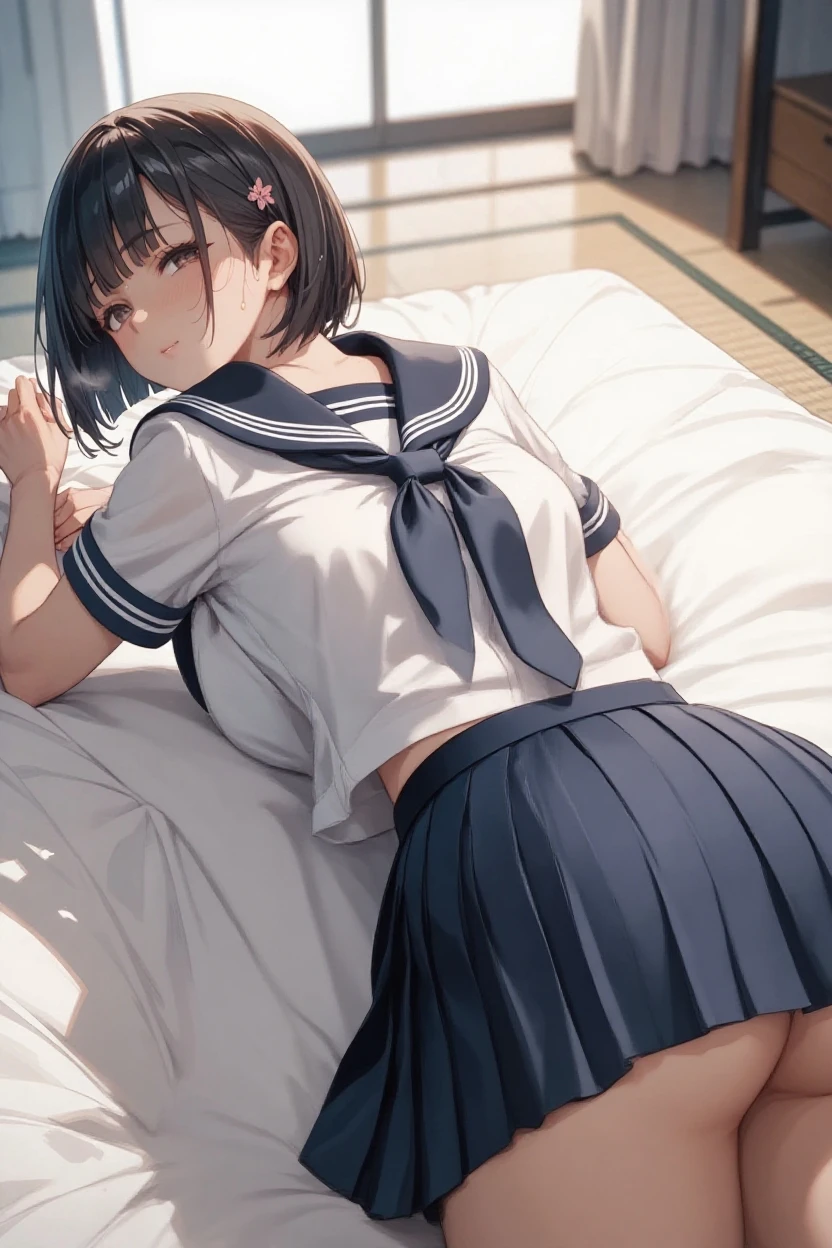 Highest quality、Real、high school student、woman、Sitting on the bed in the room、Put your hands inside your skirt、Brown Bob、Sailor suit、Black pleated skirt、Black knee-high socks、Slim figure、Embarrassed face、Look Away、Close your eyes、Slightly larger breasts、