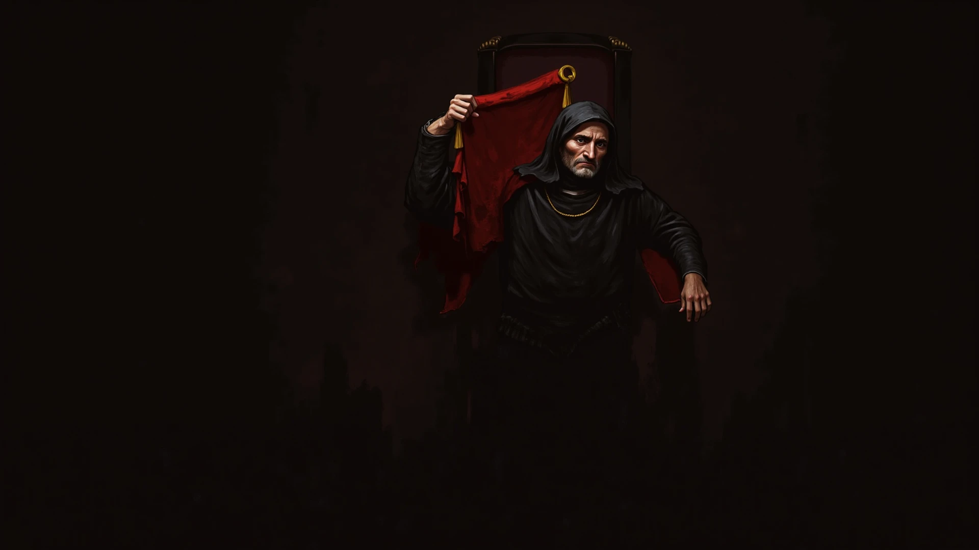 A man over 7 feet tall 
Holding a wizard stick 
In onepiece black dress like wizard 
At an inheritate palce With red deadly eyes 
