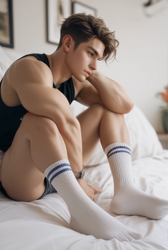 There was a man sitting in a chair，self-shot, chest legs, Sexy masculine, his legs spread apart, Muscular legs, gray shorts and black socks, Asian male, Male model, with backdrop of natural light, classic vibes, Strong legs, detailed white, white stockings
