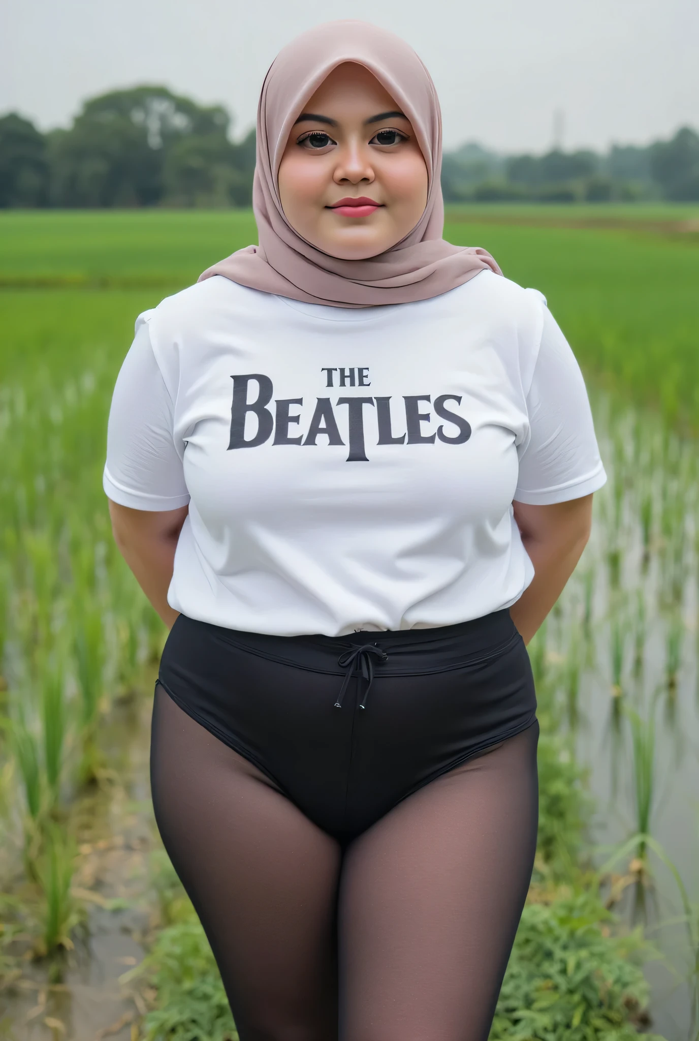 Just Front photo, wear a loose drop Looks like a little rubber panties pastel translucent (black) leggings closed my center, Tetek besar melayut, hijab hijab hijab hijab, (photorealistic:1.6), background rice paddy. daytime atmosphere, don't put any rope! flat chest!, duduk di atas kerusi kaca, hands behind back while legs astride, view from front, wearing short t-shirt The Beatles logo print, (chubby body)