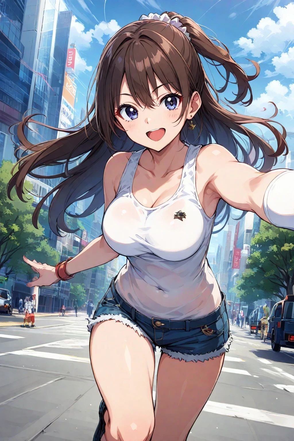 Asagumo KC, (hair) ribbon, big breasts, topless:1.3, bra:1.3, denim shorts, shoes, 長hair, twin tails, 茶hair, full body shot, Low - Angle, smile, front, (outdoor, outdoor stage, on stage, audience),