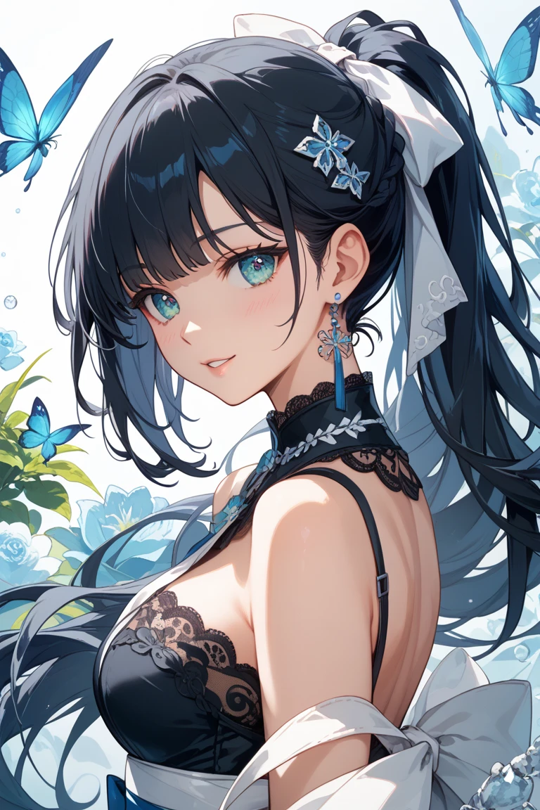 absurdres, RAW photo, extremely delicate and beautiful, masterpiece, Best Quality, ultra high resolution, 32k, hyperrealistic, ultra-detailed, delicate facial features, beautiful detailed woman, tearful mole, earring, medium breasts, full body shot, medium hair, black hair, ((Detective costume)),