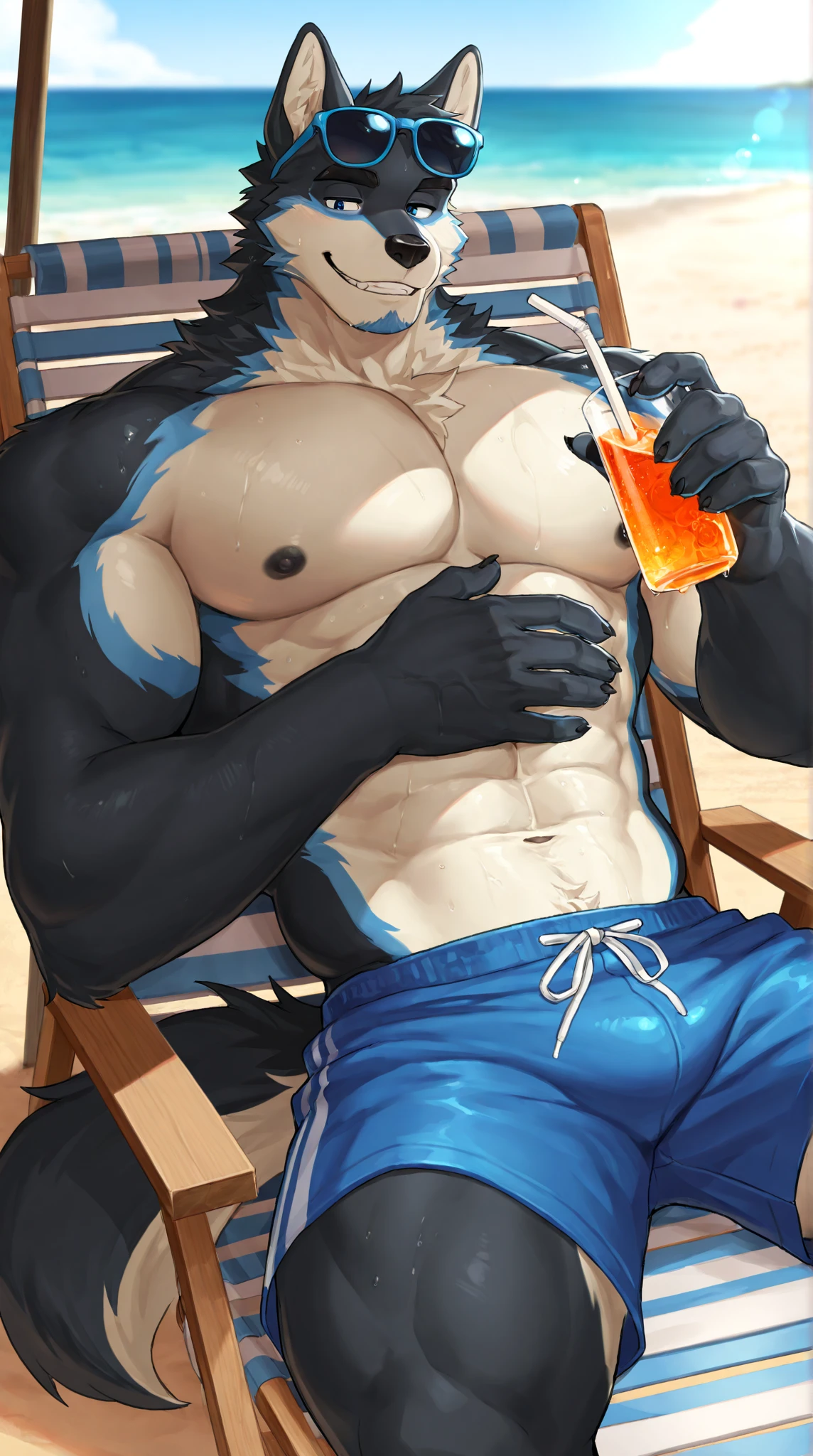 embedding:black wolf, male,purple eyes,Scar on the face, scar on the body,Single Person,sunglasses,Improper，With a watermelon in his hand.Black fur,The fur on the chest and abdomen is white.A swimsuit,Beach Pants，Mature, The highest quality of scene detail,adult,Tall and powerful,muscle，Best quality hands, best quality eye，detailed fur，Delicate eyes.Extreme picture quality，by sollyz,by zixiong,by milkytiger1145