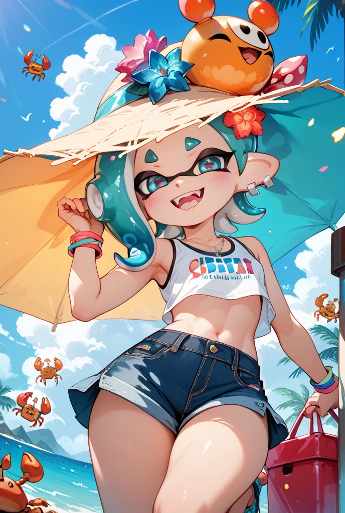 8k,masterpiece, BSET quality,big, Real Anime、3D、 (Two Splatoon girls), Shiny skin, shiny big, ((highest quality)), turime、Micro Bikini, colorful, Group photo, Clear focus: 1.2, Highly detailed face and skin texture, , ，White, Perfect Face, Perfect body, gigantic breast、Rainbow colored tentacle hair、Golden Eyes、blush、smile，AND，，，Brown Skin、Perfect Face、Perfect body、gigantic bteast、Prism colored tentacle hair、Crimson Eyes、口を開けたsmile，，，　art, CG, Blur the background, Beach, sun, sand, wood, ((From above)),