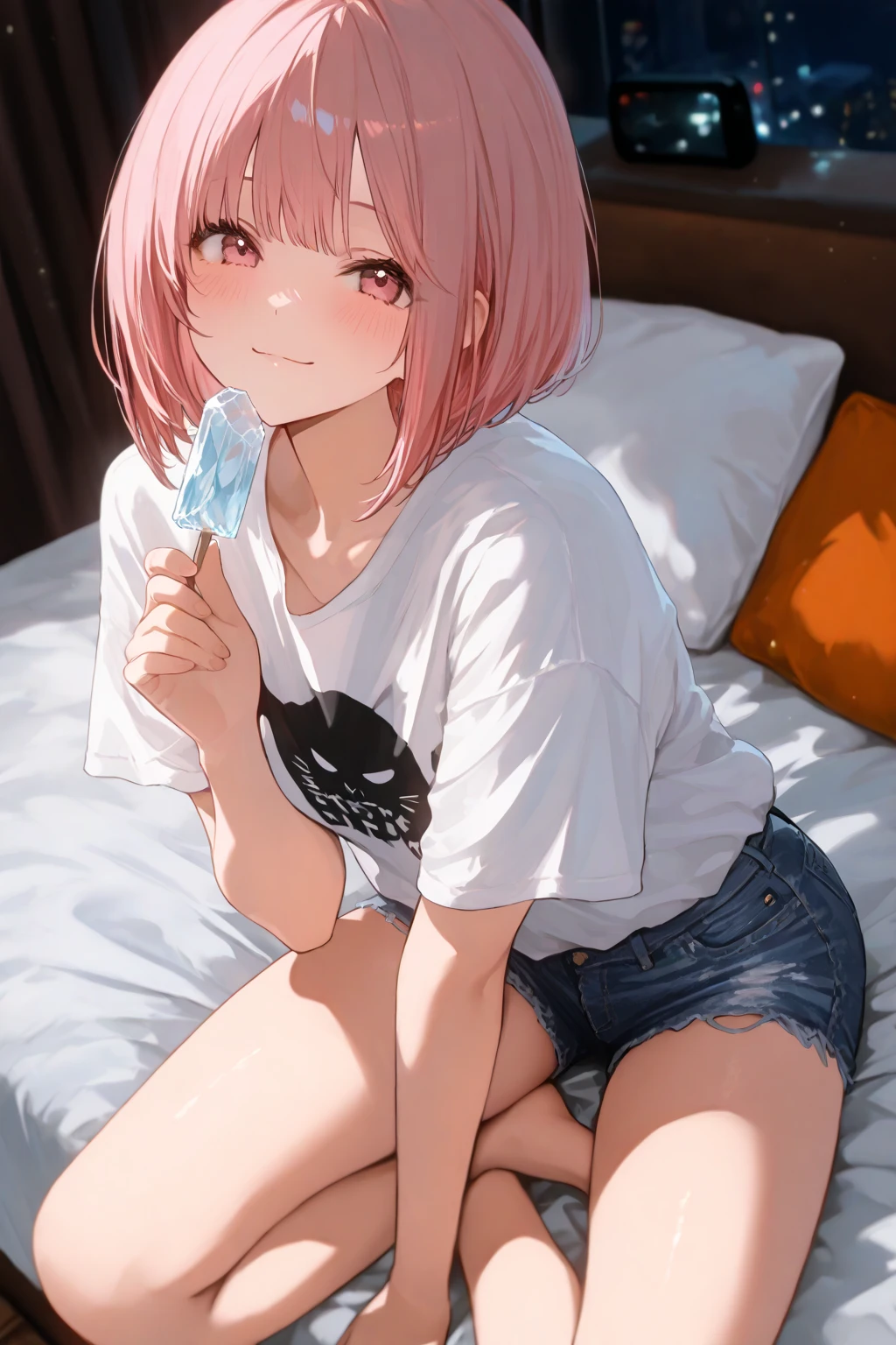 nana devilk,  That Deviluke, tooth, long hair, (pink eyes:1.5), pink hair, tail, (flat chest:1.2), smile,blush,ponytail,Tank top,shorts,barefoot,sitting on the sofa,A girl holding a popsicle in her right hand and eating it，
break indoors,indoor ,
break looking at viewer, (cowboy shot:1.5),
break (masterpiece:1.2), highest quality, High resolution, unity 8k wallpaper, (figure:0.8), (beautiful detailed eyes:1.6), extremely detailed face, perfect lighting, extremely detailed CG, (perfect hands, perfect anatomy),