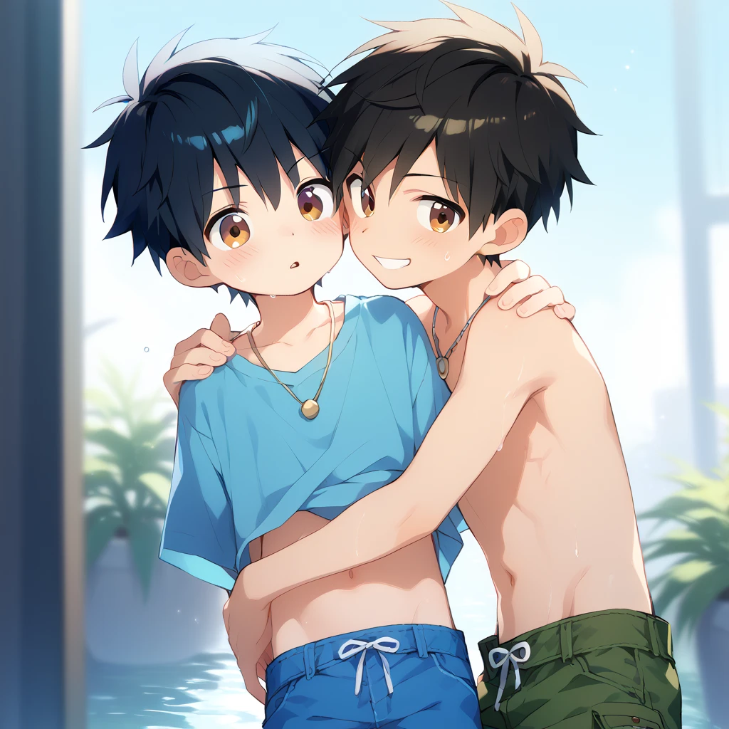 two thin cute boys 12 years old in very short transparent white swimming trunks without straps, shirtless, hugging,