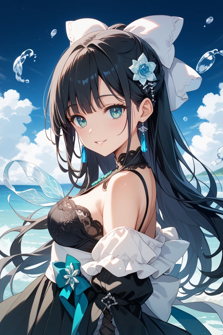 high quality, masterpiece, Super detailed, 1 girl, Extremely detailed faces, Christmas white lace latex bikini,white gloves,white stockings,,Maid tiara,BDSM,handcuffs,collar,calm expression,Smile,handcuffs,collar,long black hair, charming pink eyes, fox ears, Ridiculously big, shiny skin, Sitting on a sea of flowers,Bright sea of flowers,grassland,seaside