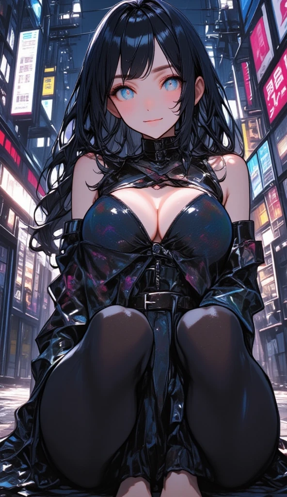 highest quality、8K masterpiece、超A high resolution、(Realistic:1.3)、RAW Photos、Girl 1、Denim pants、No bra、Silver charm on the ankle、Black boots、Super long straight black hair、Long Hair、Hair blowing in the wind、Glowing Skin、1. Cyberpunk Bike Rider、((Ultra-Realistic Details))、Portraiture、Global Illumination、Shadow、Octane Rendering、8k、Ultra Sharp、Beautiful breasts、Cool colors、darkness、Very intricate details、Realistic Light、CGSoation Trend、Beautiful Eyes、Shining Eyes、To the camera、Neon Details、20Year、Such a beautiful face、Intelligence、Obscene、sexy、smile、whole body、Healthy Body、Manhattan at night in the background、Helipad on a high-rise building、like、charm、いたずらっぽいsexyな、Place your hand on your chest、Make the background more vivid、future、Toe angle、Whiter skin、Standing posture、More realistic facial features、retrospective exhibition、Wide Shot、whole body、More realistic Japanese faces、Panoramic view of the building、wild、
