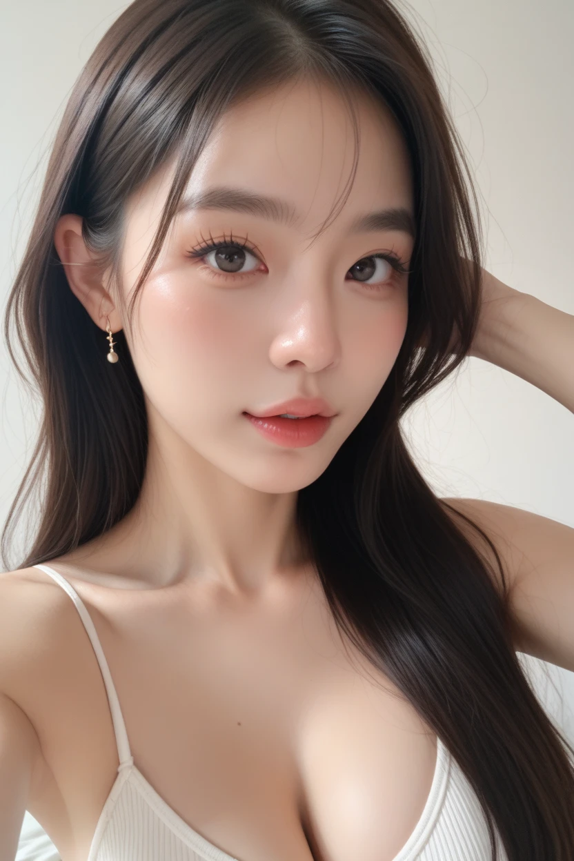 （lifelike， High resolution：1.3）， 1 Girl with perfect body， very detailed face and eyes，black hair, long hair， white tank top：1.2， big ，expose cleavage,　full body description,　exy pose