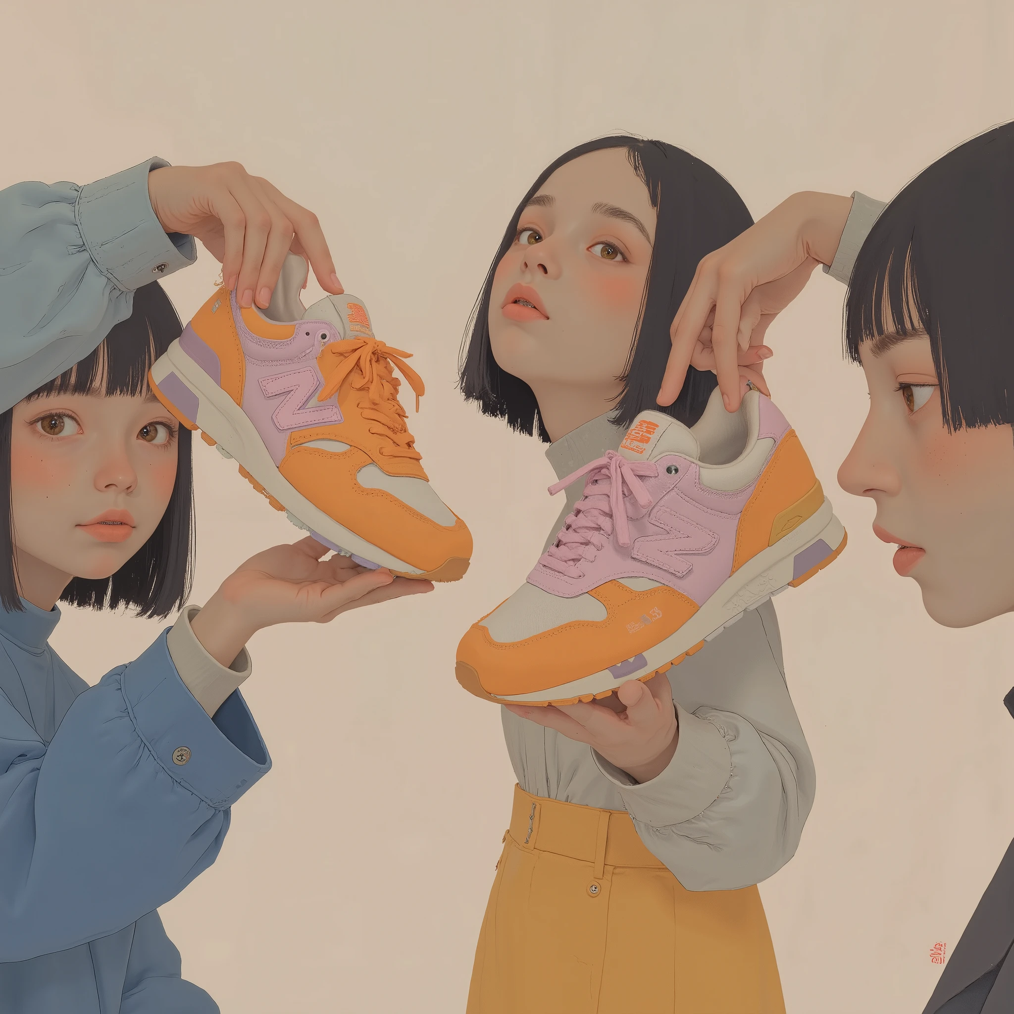 people with new balance shoes in their hands, sneakersの写真, nostalgic vibes, Trends with r/streetwear, よりWarmly柔らかい色, Warmly、Soft、Calm Color, sneakersデザイン, orangish and pastel pink, sneakers, Nice colors, focus on sneakers only, running shoes, Warmly居心地の良い色, Two Tone, Pastel Atmosphere, Shoelaces