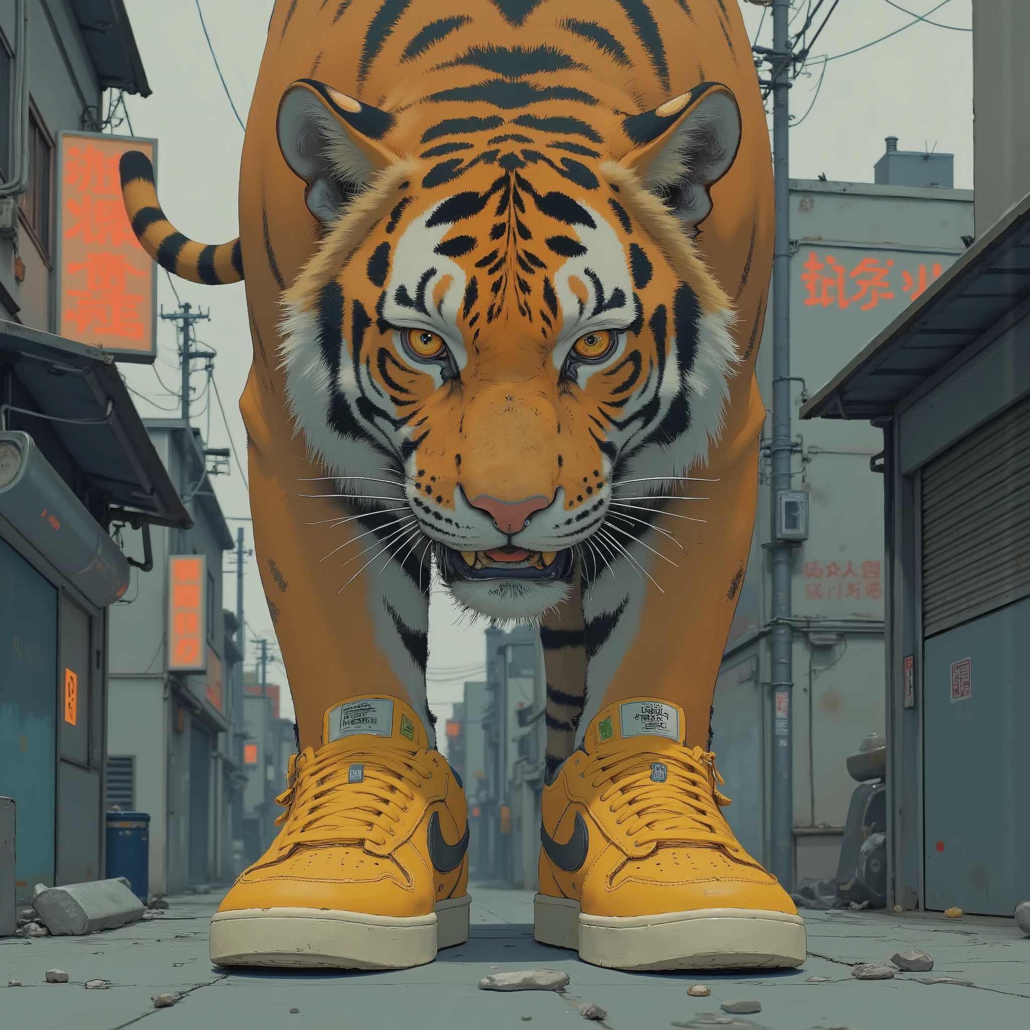 There is a picture of a tiger wearing yellow vintage sneakers, Akira Toriyama 📹, Akira Style, 90s japan, Akira Vibe, Kentaro Miura style, by Hiroyuki Tajima, Shuichi Mizuno, Miyako Toriyama, Focus only on sneakers , Akira Toriyama style, sneaker shoes