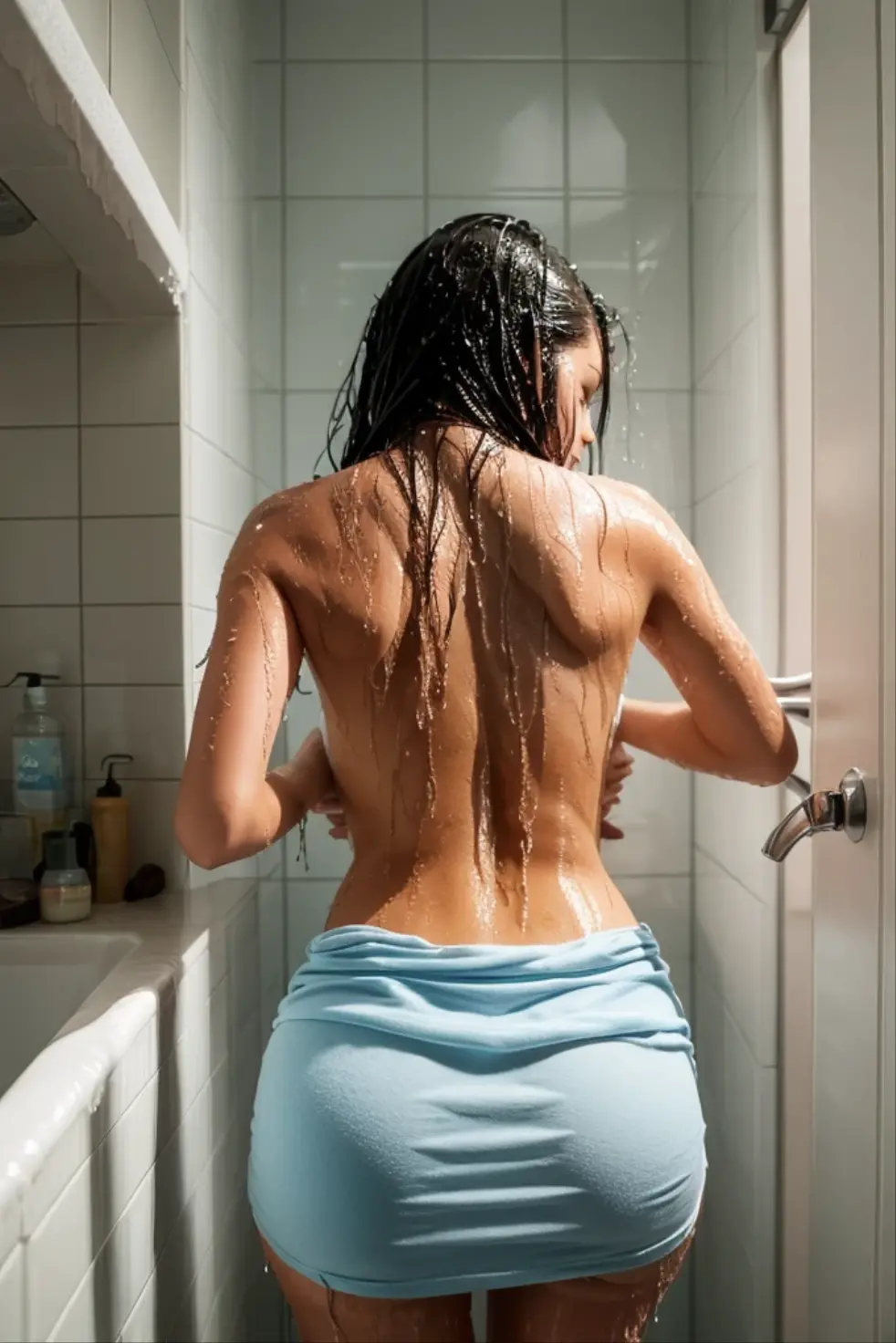 Create a photo of a 20 year old young woman, with a slender and beautiful body, completely naked, with white and clear skin, with long wet light brown hair, with arms raised high, taking a shower on his back while having his body rubbed by a 90 year old elderly lady, obese, dark black skinned, who wears glasses and a blue dress