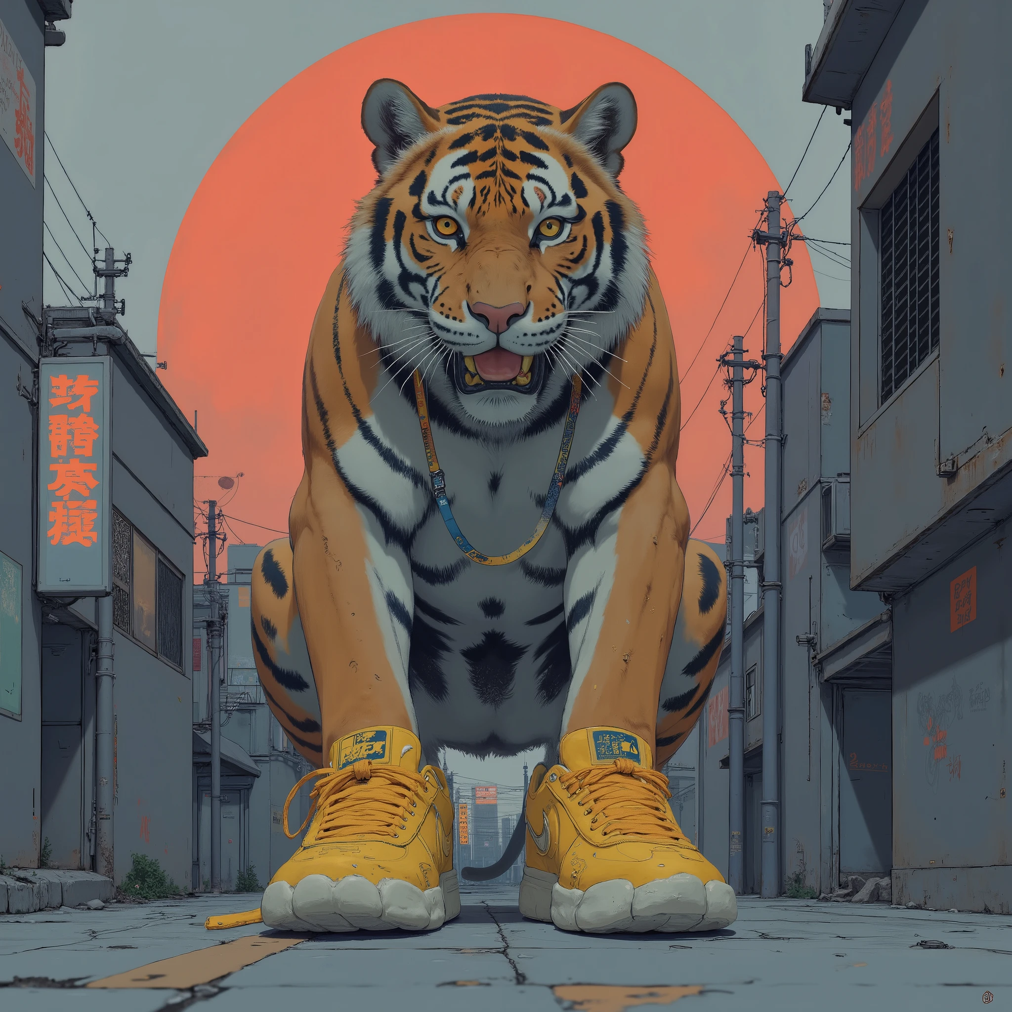 There is a picture of a tiger wearing yellow vintage sneakers, Akira Toriyama 📹, Akira Style, 90s japan, Akira Vibe, Kentaro Miura style, by Hiroyuki Tajima, Shuichi Mizuno, Miyako Toriyama, Focus only on sneakers , Akira Toriyama style, sneaker shoes